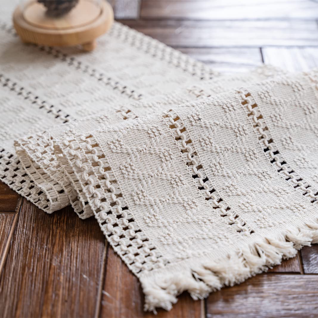 Alynsehom Macrame Table Runner Cream Beige Boho Table Runner With Tassels Hand Woven Cotton Table Runner Rustic Farmhouse Table