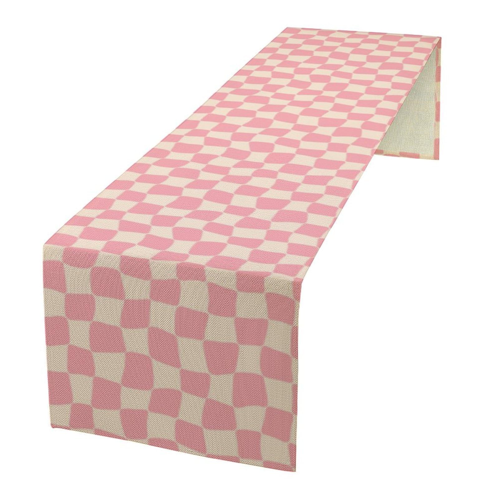 Boho Hippie Table Runner Groovy Pink Twisted Checkered Funky Modern Geometric Dinner Runner for Living Room Kitchen Party Holida