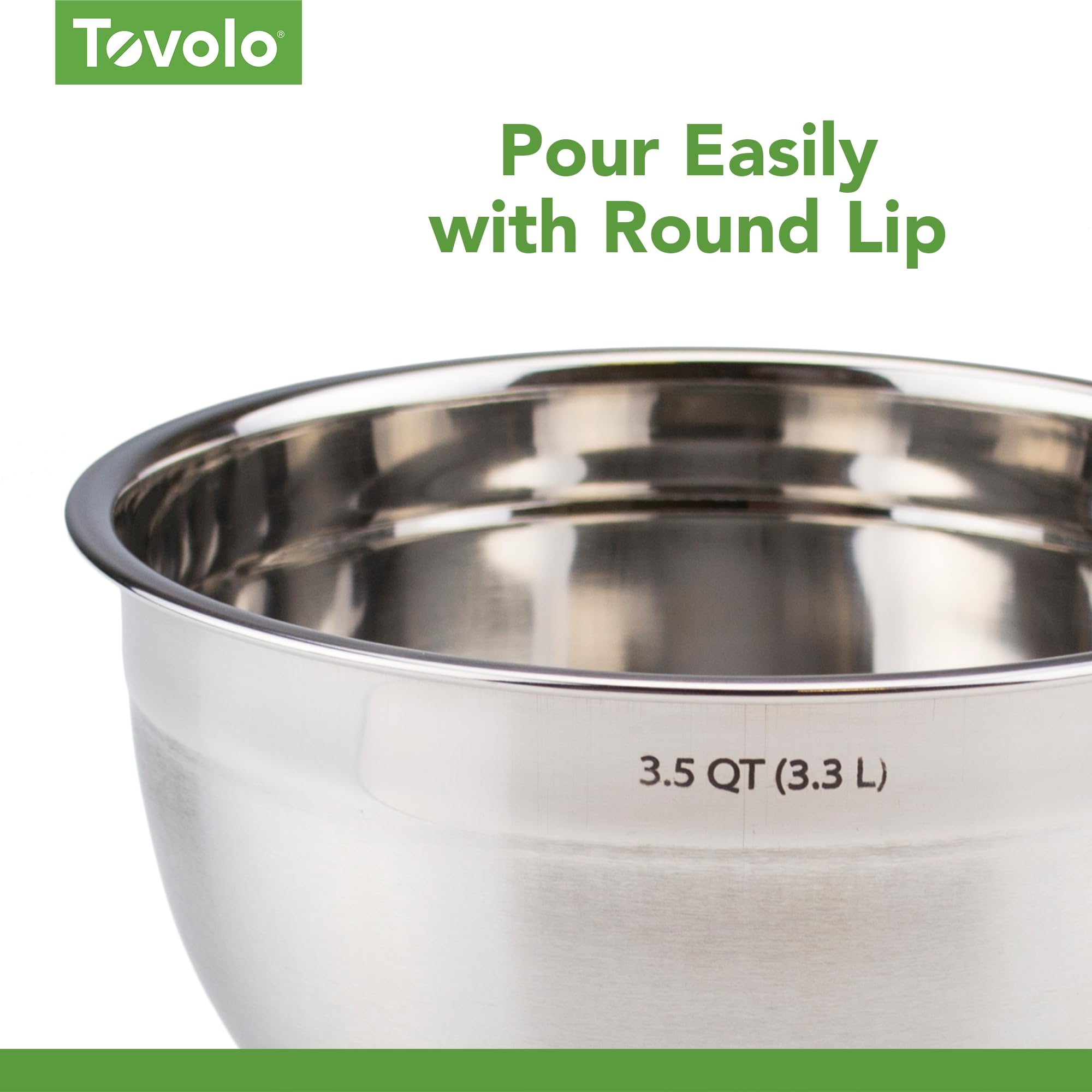 Tovolo Stainless Steel Mixing Bowls, 3.5 Qt - Metal Nesting Mixing Bowl With Rounded Lip For Easy Pour & Minimal Mess - Large &