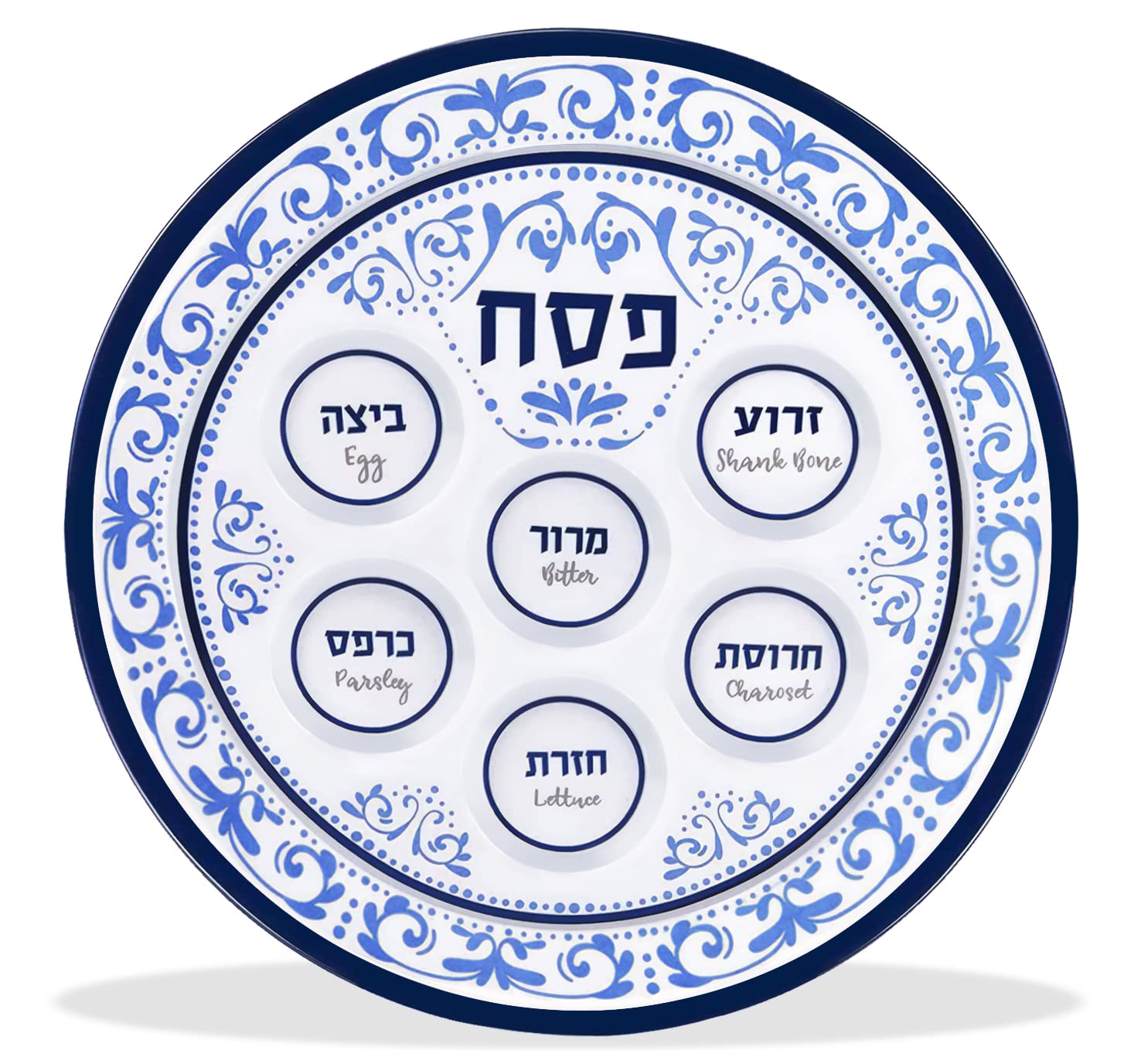 Passover Seder Plates 12'' Melamine - 6 Section Plate Marked With Symbolic Pesach Seder Foods - Round Seder Tray For Adults, Chi