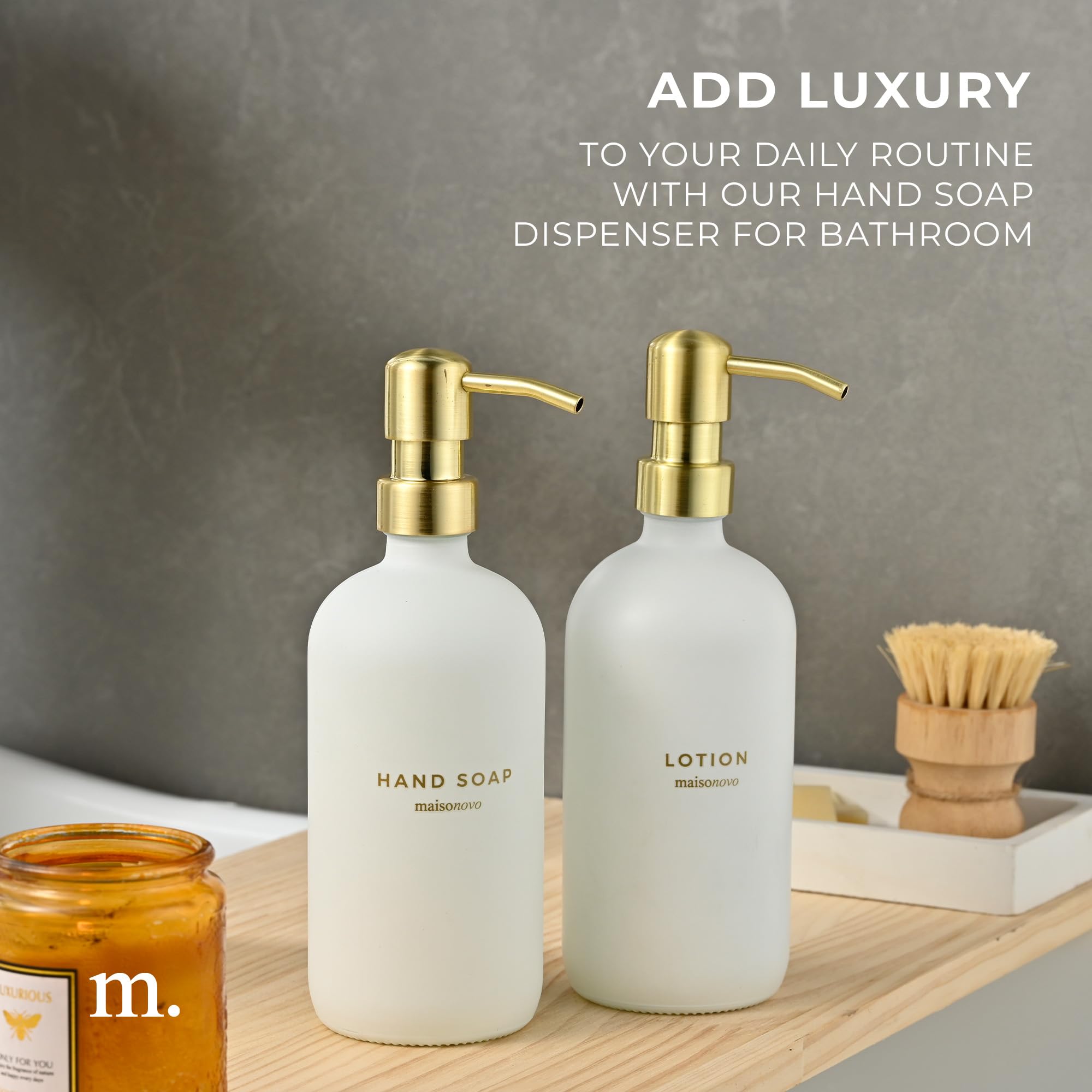 Maisonovo Bathroom Soap And Lotion Dispenser Set | 16.9 Fl Oz White Glass Gold Pumps X 2
