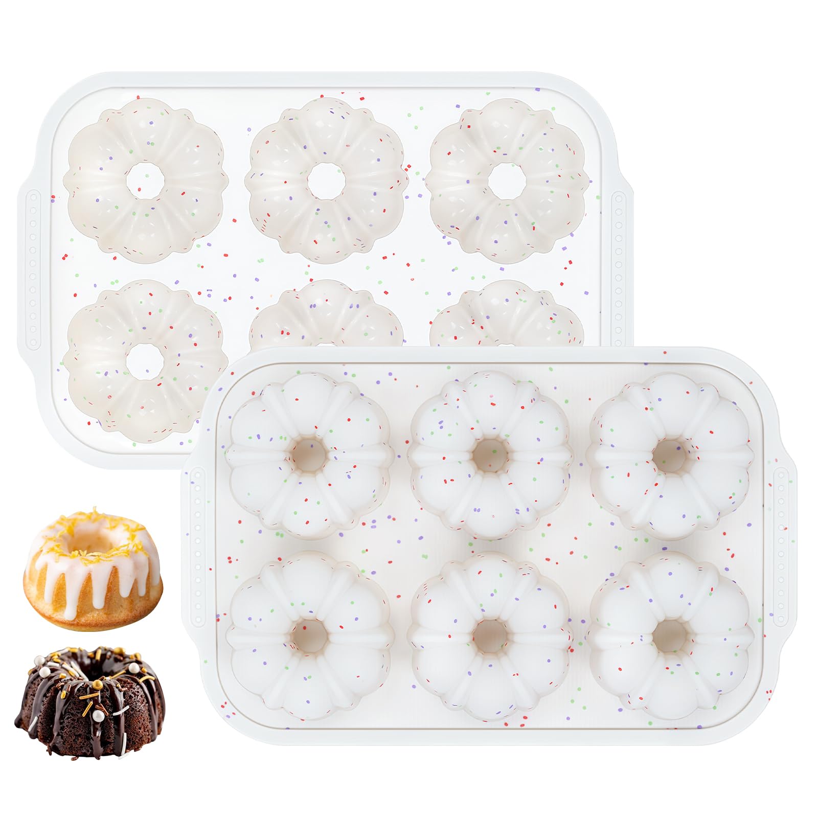 CAKETIME Mini Fluted Tube Pan with Metal Reinforced Frame, 6-Cavity Silicone Nonstick Small Cake Molds 2Pcs for Chocoflan, Donut