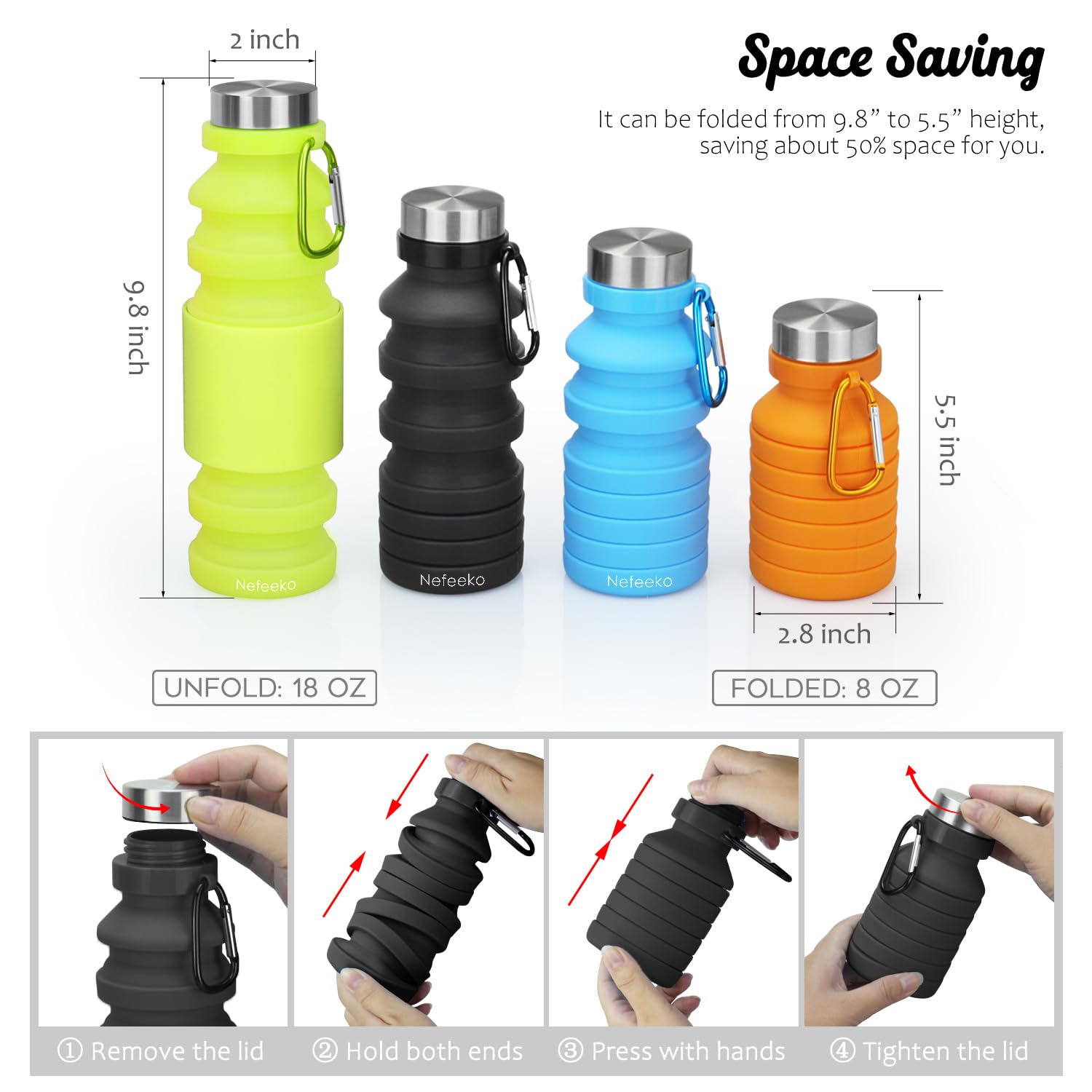 Nefeeko Collapsible Water Bottle, Reuseable Bpa Free Silicone Foldable Bottles For Travel Gym Camping Hiking, Portable Leak Proo