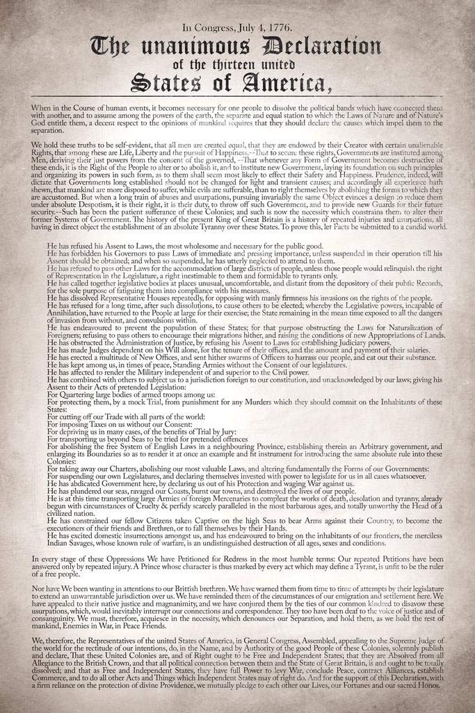 Declaration of Independence Poster Readable Version American Revolution Government Cool Wall Art Print Poster 24x36