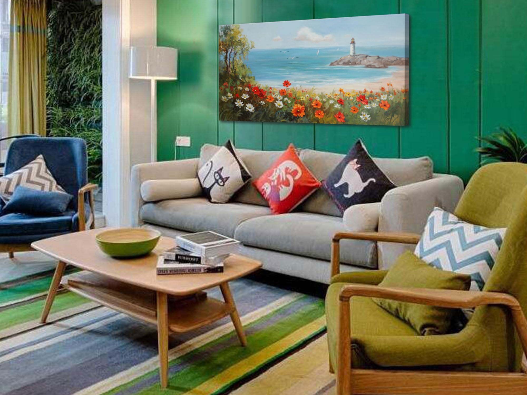 Ardemy Flowers Wall Art Canvas Blue Ocean Lighthouse Painting Seascape Landscape Coastal Picture, Textured Floral Artwork Extra