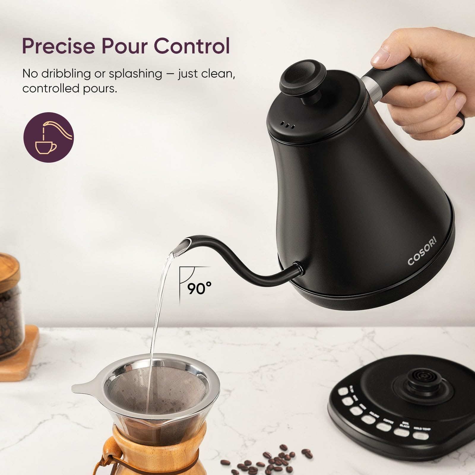 COSORI Electric Gooseneck Kettle with 5 Variable Presets  Pour Over Kettle & Coffee Kettle  100% Stainless Steel Inner Lid & Bottom  1200 Watt Quick Heating  0.8L  Matte Black