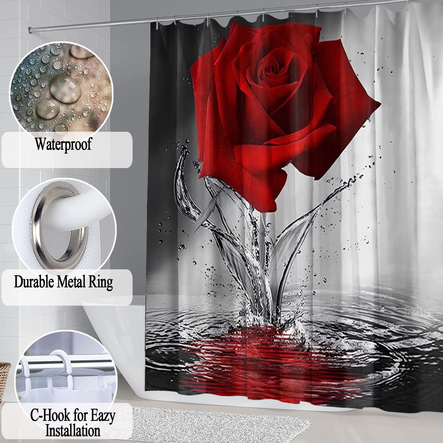Omebero 4Pcs Water Red Rose Shower Curtain Sets, Romantic Flower Christmas Bathroom Decor Sets With Shower Curtain And Rugs, Toi
