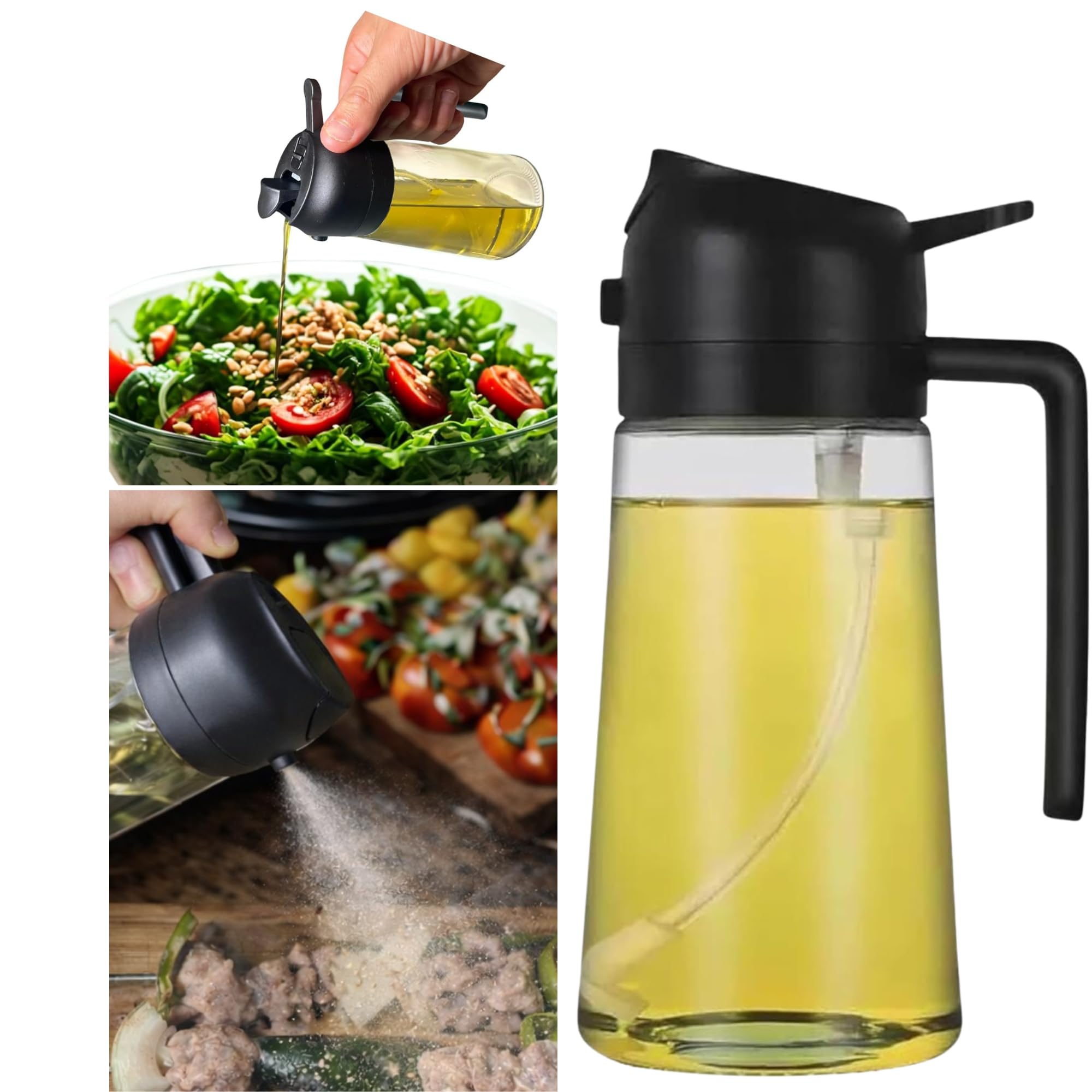 SOLISORA Olive Oil Dispenser, 2 in 1 Oil Sprayer for Cooking, 500ml Glass Oil Spray Bottle with Pourer, Food-Grade Oil Dispenser