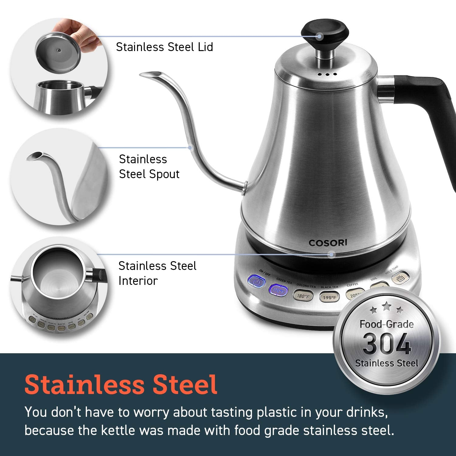 COSORI Gooseneck Electric Kettle with 5 Variable Presets, Pour Over & Coffee maker, 100% Stainless Steel Inner Lid & Bottom, 120