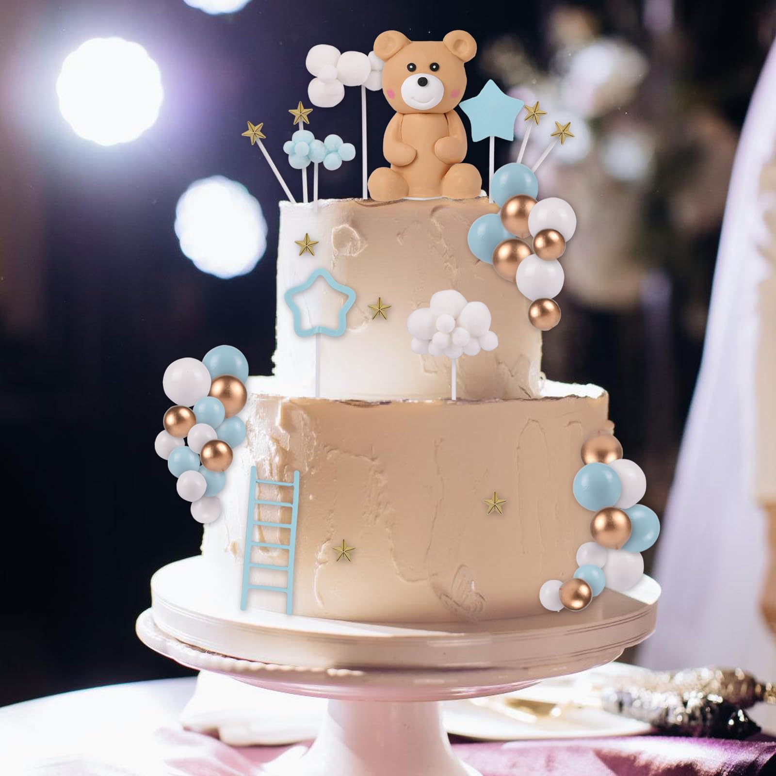 46 Pcs 3D Bear Balls Cake Toppers Brown Teddy Bear For Birthday Party Wedding Baby Shower Supplies(Blue)A