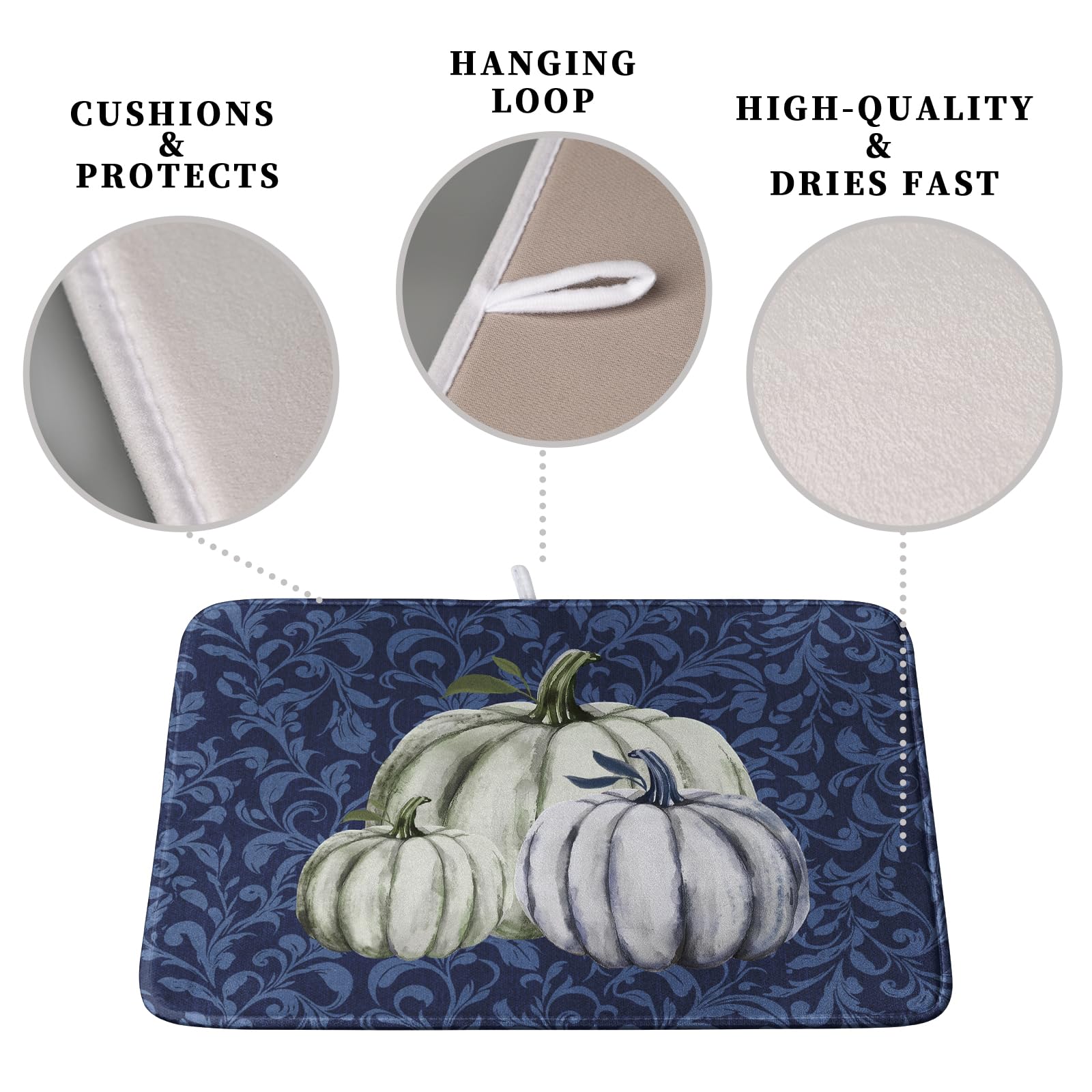 Kwlegh Autumn Dish Drying Mat Fall Navy Blue White Pumpkin Dish Pad for Kitchen Counter 18x24 Microfiber Absorbent Thanksgiving