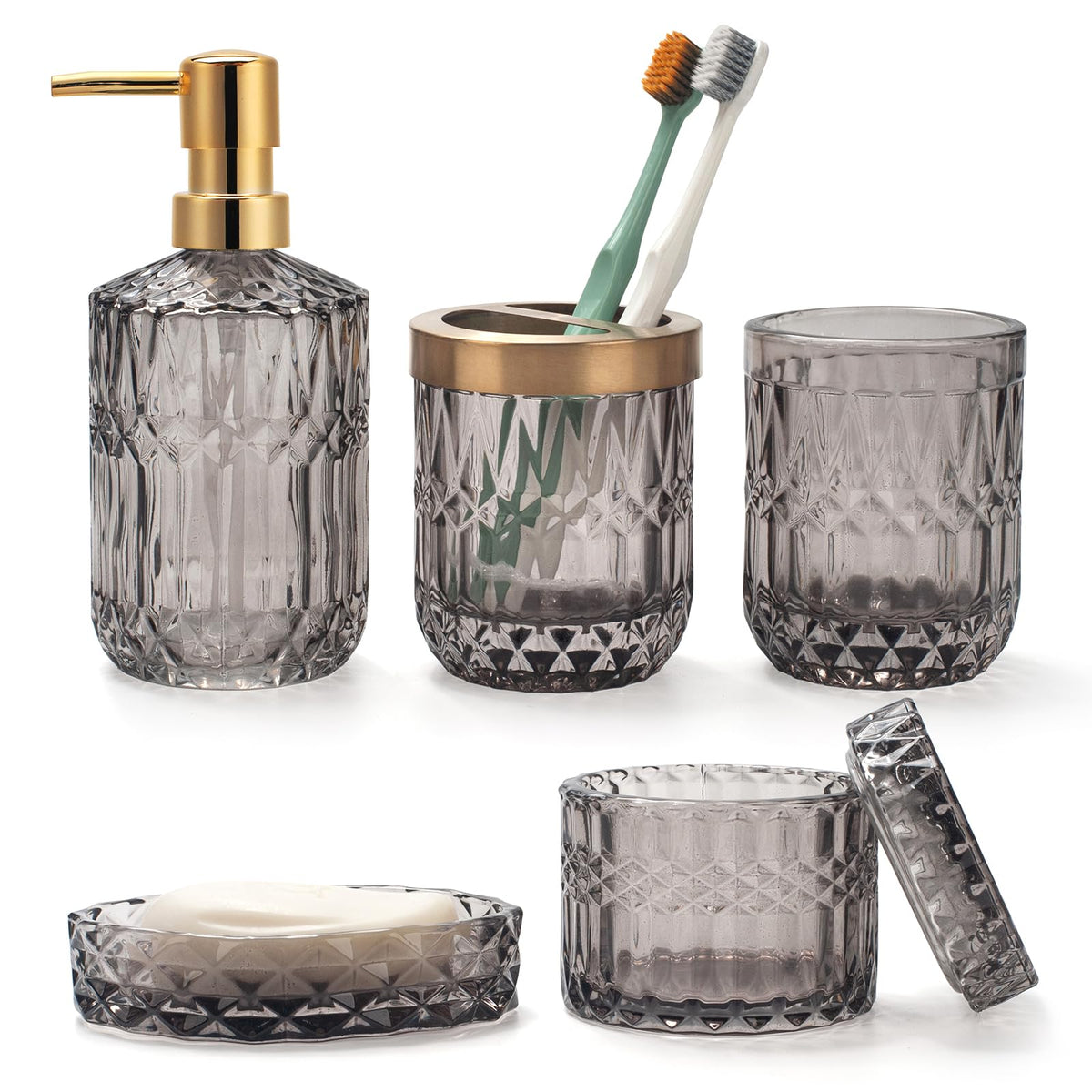 Ivailex 5Pcs Grey Glass Bathroom Accessories Sets Of Lotion Dispenser, Soap Dish, Toothbrush Holder, Tumbler, Cotton Swab Jars,