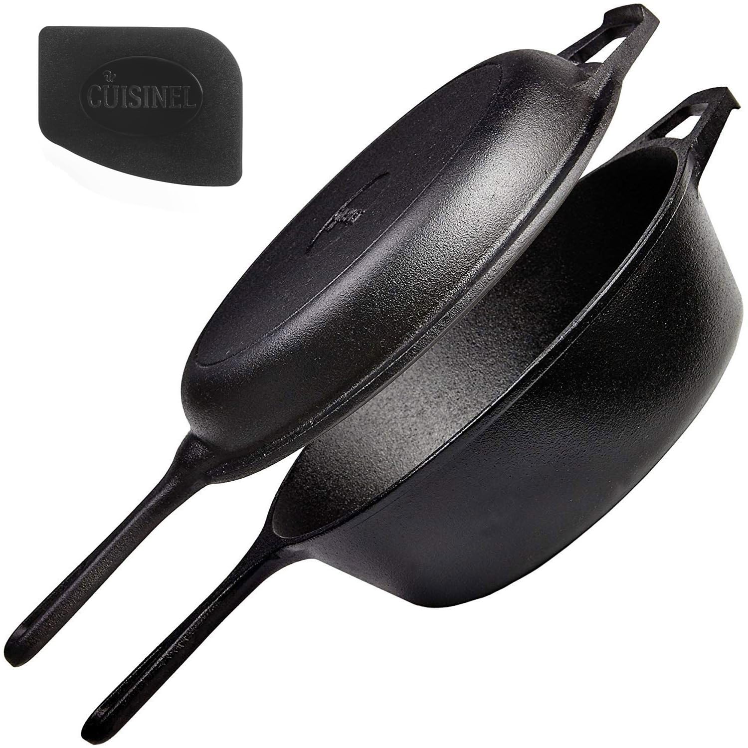 Cuisinel Cast Iron 2-In-1 Multi Cooker - 3-Quart Dutch Oven and Skillet Lid Set Oven Safe Cookware + Black Pan Scraper - Use As 