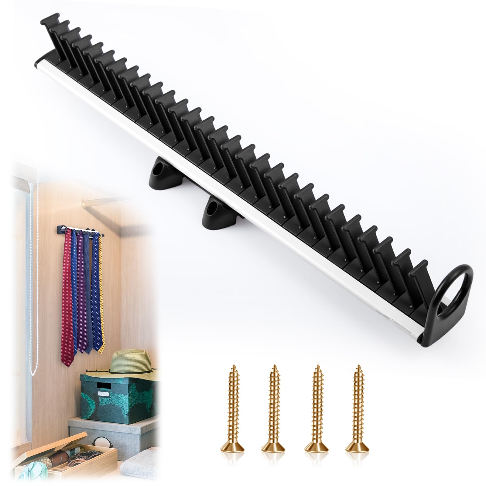 Maxdot Sliding Tie Racks 28 Tie Hanger Pull-Out Belt Rack Scarf Belt Storage Display Rail for Wardrobe Home Gift Retail Store Or