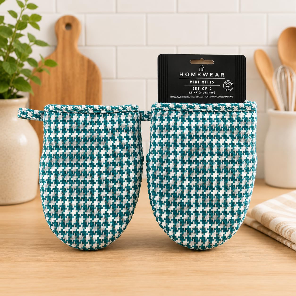 HOMEWEAR Houndstooth 2Pack Silicone Mini Oven Mitts, Heat Resistant Pot Holders for Kitchen, NonSlip Oven Mitt Set, Quilted Ho