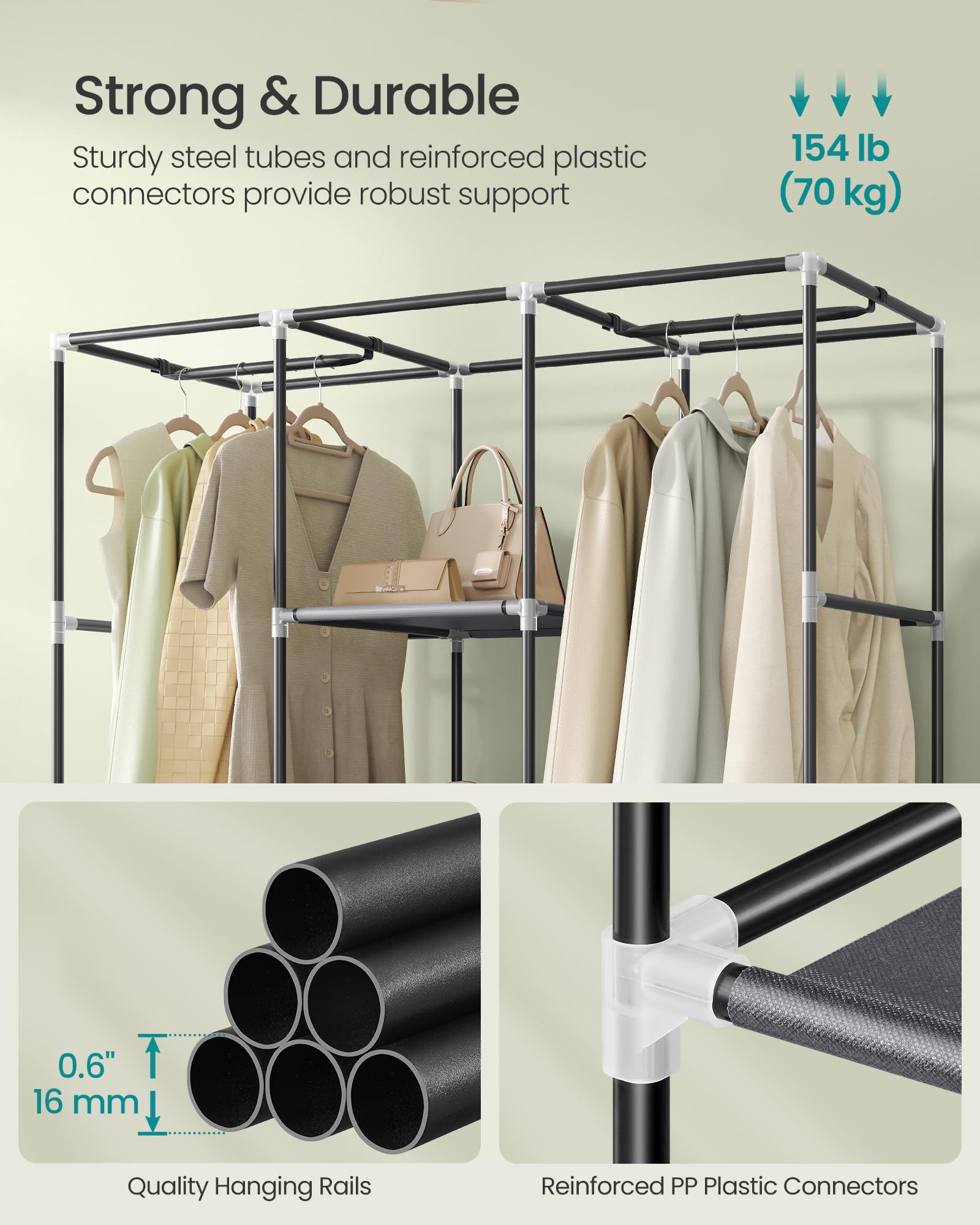 Songmics Portable Closet, 51.2 Inch Large Capacity Wardrobe Closet Organizer With Fabric Cover, Hanging Rods And Shelves, 51.2 X
