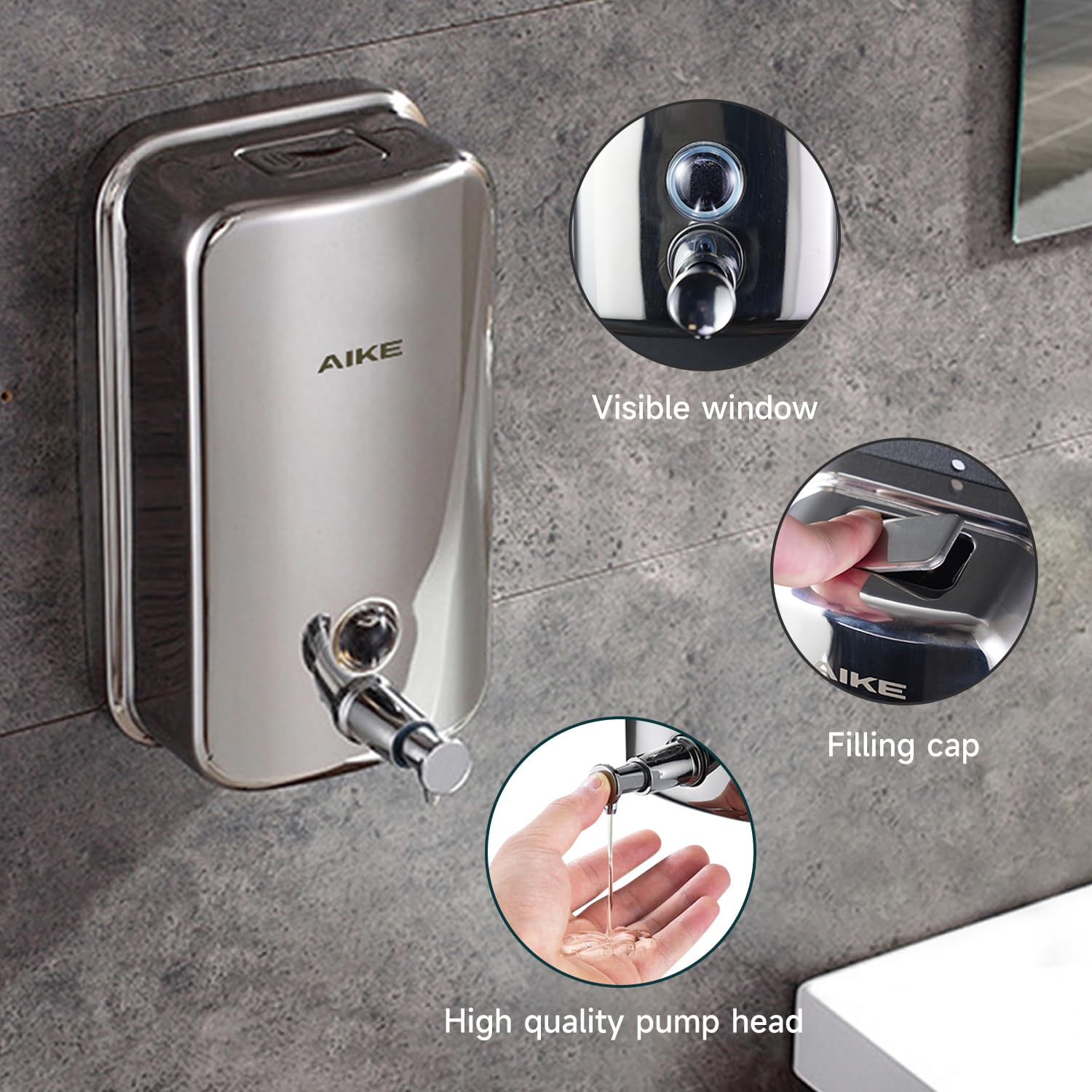 Aike Polished Stainless Steel Wall Mount Pump Soap Dispenser Polished 17 Fl.Oz. Ak1001