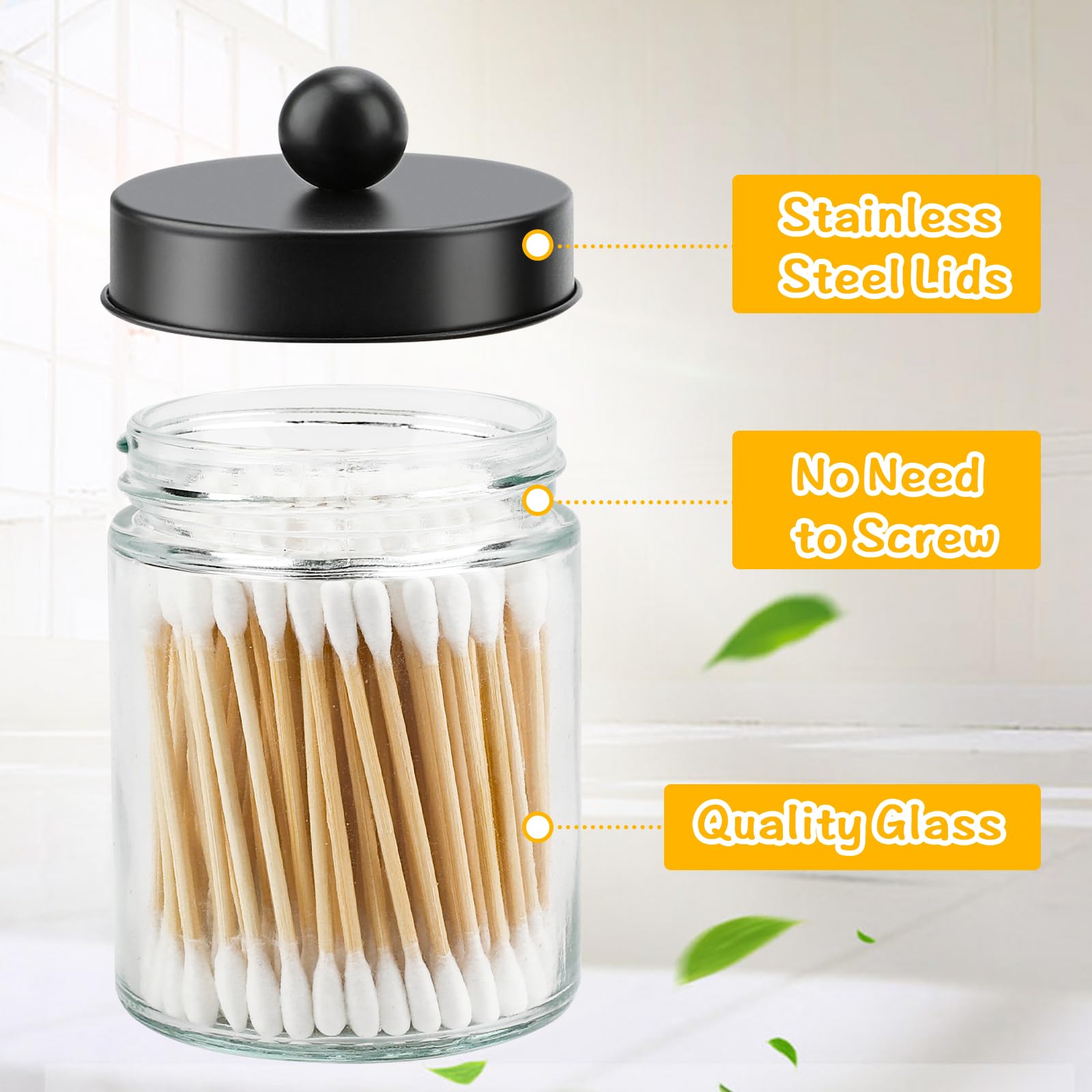 Goramio 2 Pack Glass Apothecary Jars With Lids For Bathroom, Cute Qtip Holder, Black Bathroom Accessories Set, Small Bathroom Ca