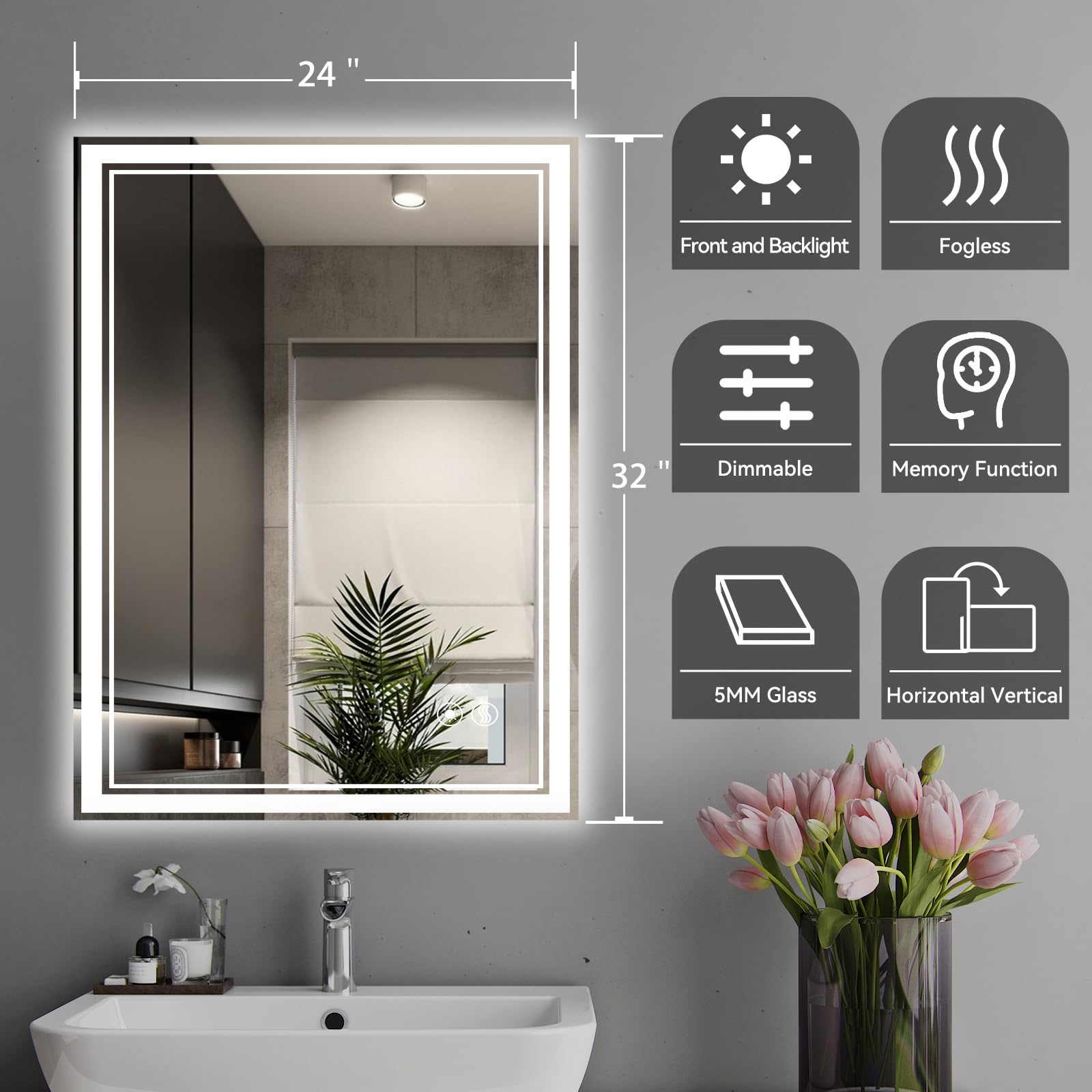 24 X 32    Led Mirror For Bathroom Led Bathroom Mirror Anti-Fog Dimmable 3 Colors Bathroom Mirror With Lights Smart Mirror Memor