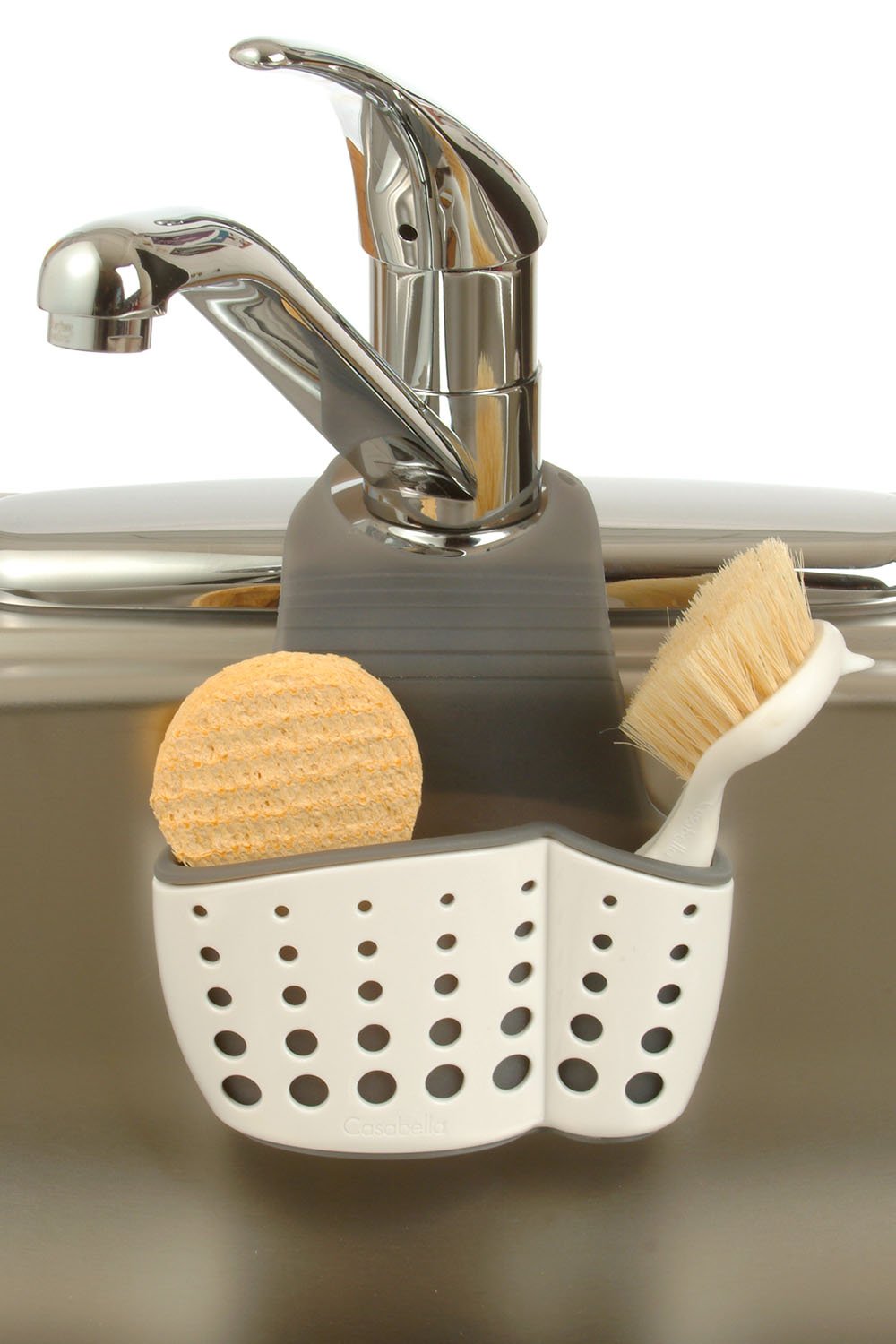 Casabella Sink Sider Faucet Caddy Sponge Holder,White & Grey