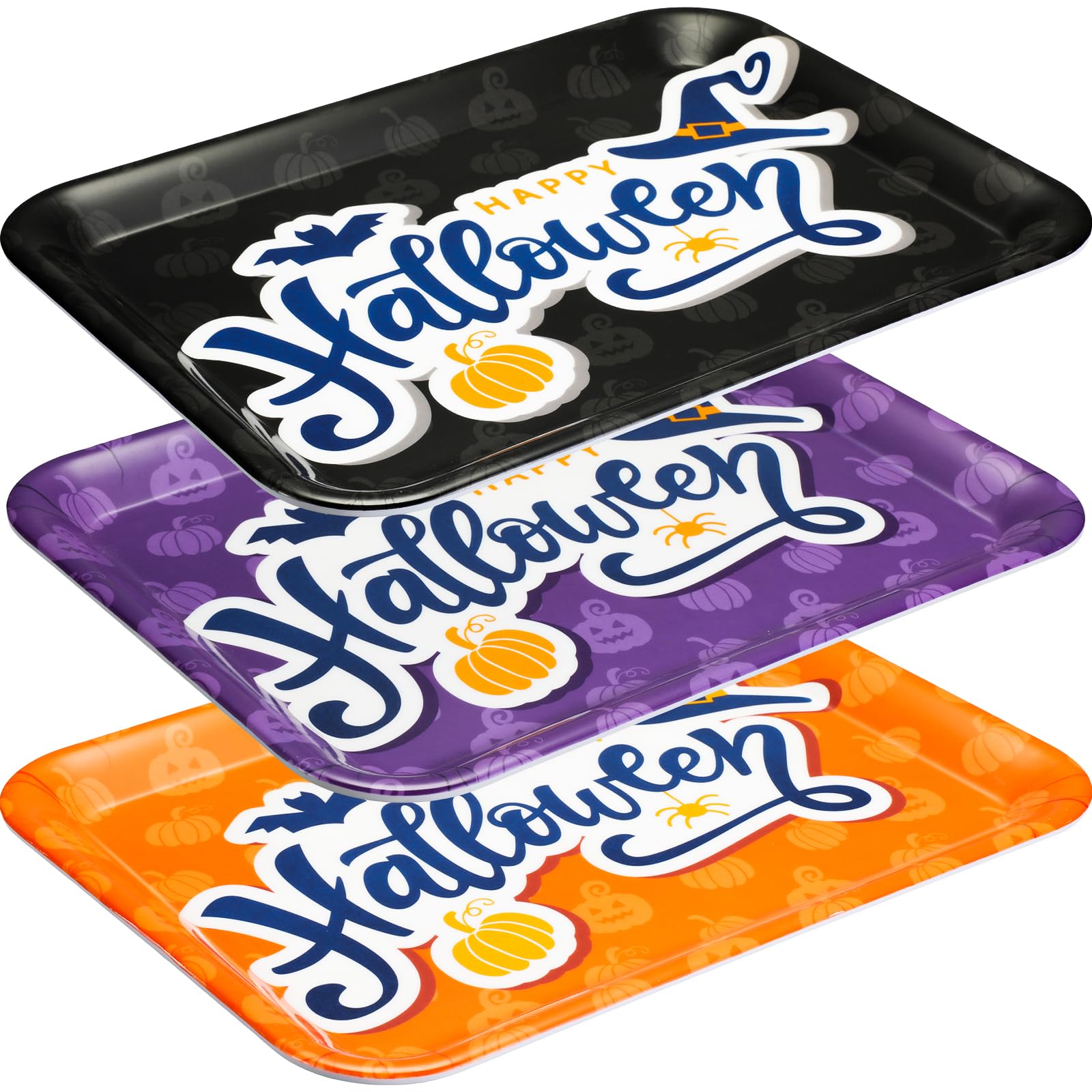 3 Pcs 13 X 10 Inch Halloween Serving Tray, Reusable Serving Dishes, Melamine Black Orange Purple Platter, Pumpkin Bat Witch Hat