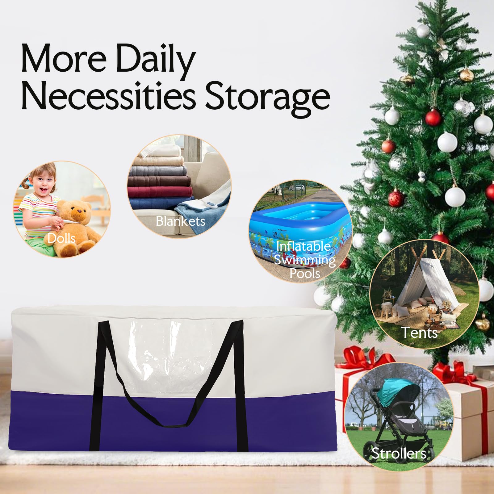 NAVTUE Christmas Tree Bag, Heavy Duty 600D Oxford, Fits Up to 10 FT Trees, Dampproof with Dual Zipper, White & Blue