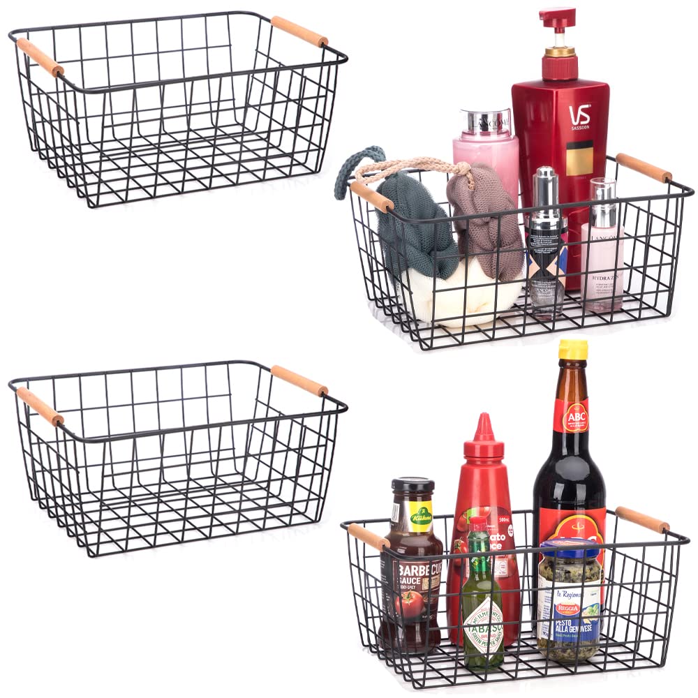Lelecat Wire Baskets With Wooden Handles, Wire Storage Organizer Baskets , Household Refrigerator For Cabinets, Pantry, Closets,