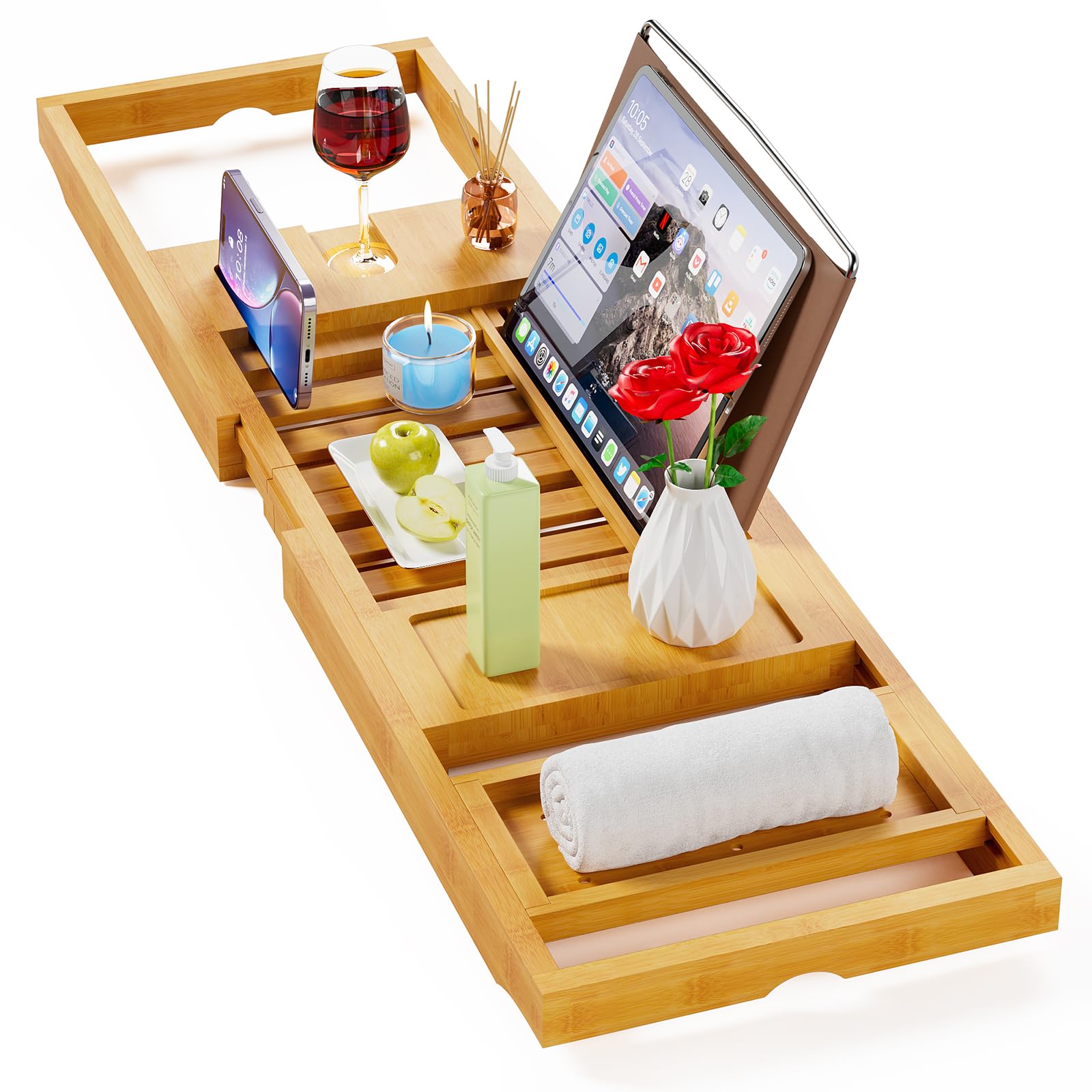 Yirilan Bamboo Bathtub Tray Caddy, Expandable Wooden Bathroom Tray, Luxury Bamboo Bathtub Tray, Bath Tub Table Caddy, Bamboo