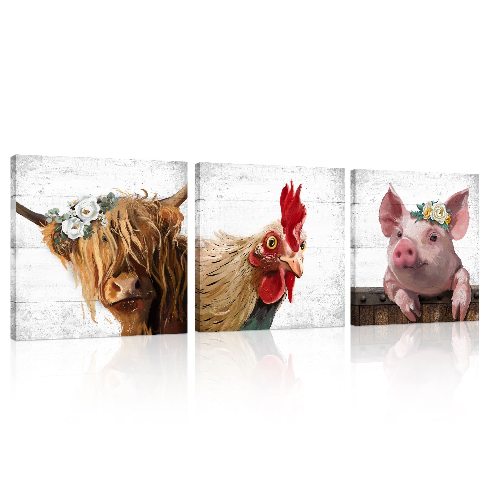 Farm Animal Farmhouse Wall Art: Highland Cow Rooster Pig Head Picture For Kitchen, 3 Piece Rustic Farmhouse Decor Vintage Canvas