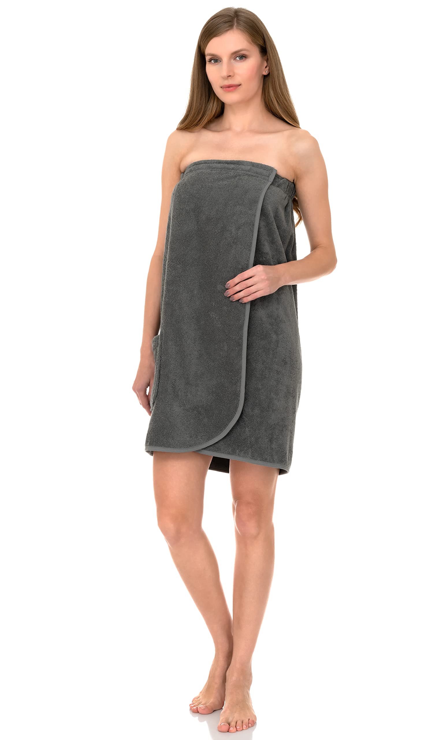 Towelselections Womens Shower Wrap Adjustable Cotton Terry Cloth Gym Cover Up With Snaps Large/X-Large Gray