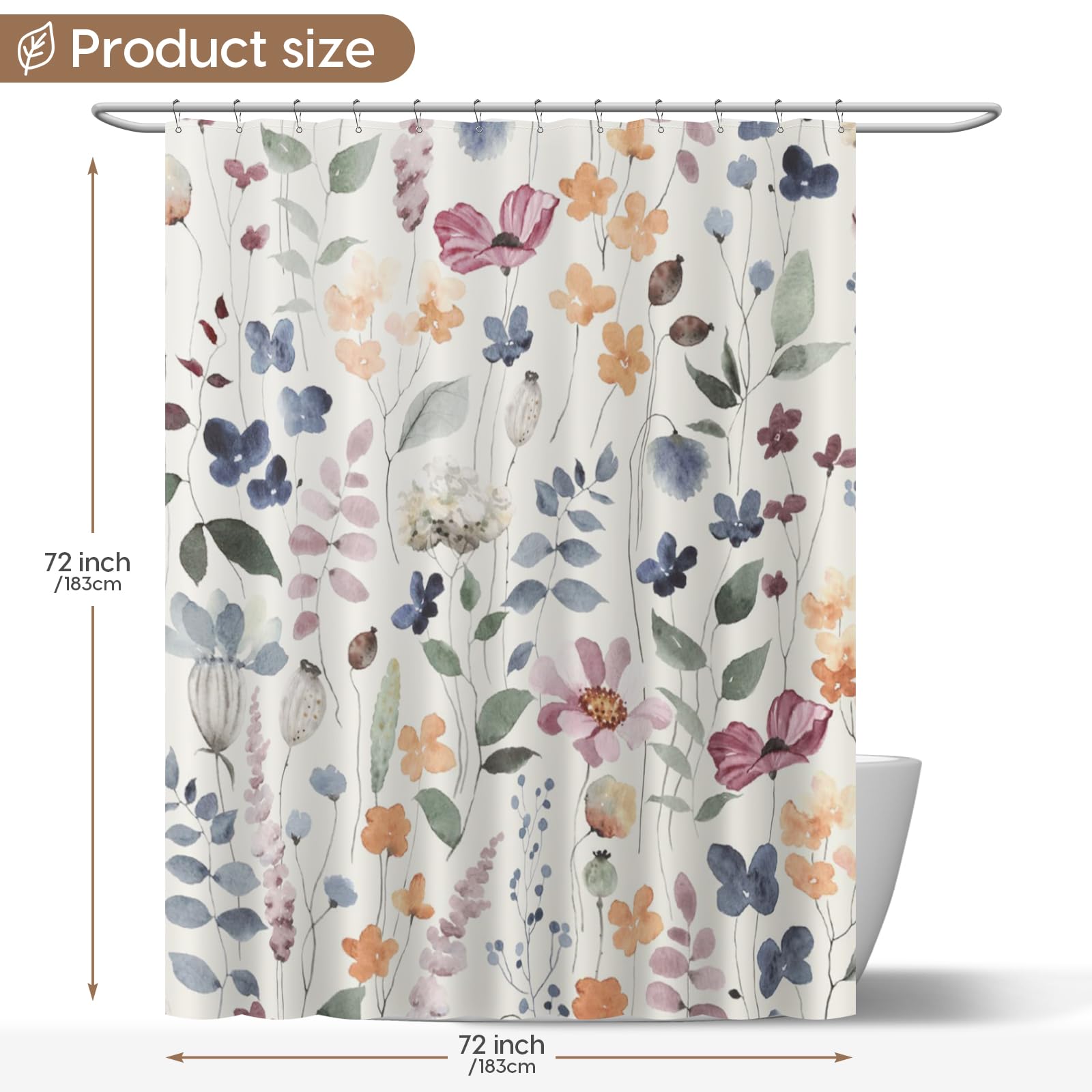 Amaredom Ink Floral Shower Curtain  Colorful Flower Shower Curtain for Bathroom  Waterproof Fabric Shower Curtain Set  Bathroom Decoration with 12 Hooks 72x72 Inches