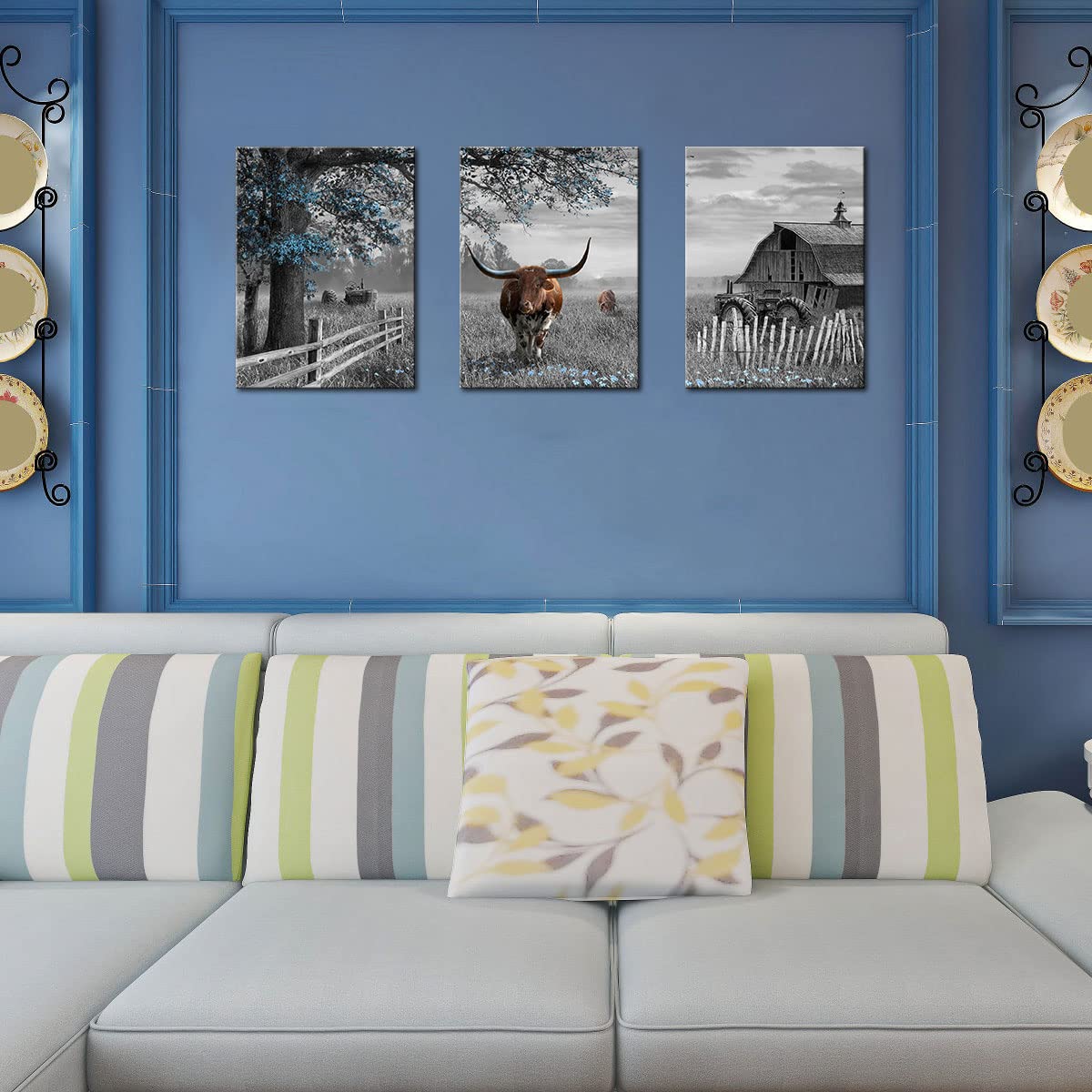 Yiijeah Western Wall Decor - Rustic Blue Tree Brown Cow 3 Piece Wall Art - Farmhouse Black And White Picture Canvas Artwork For