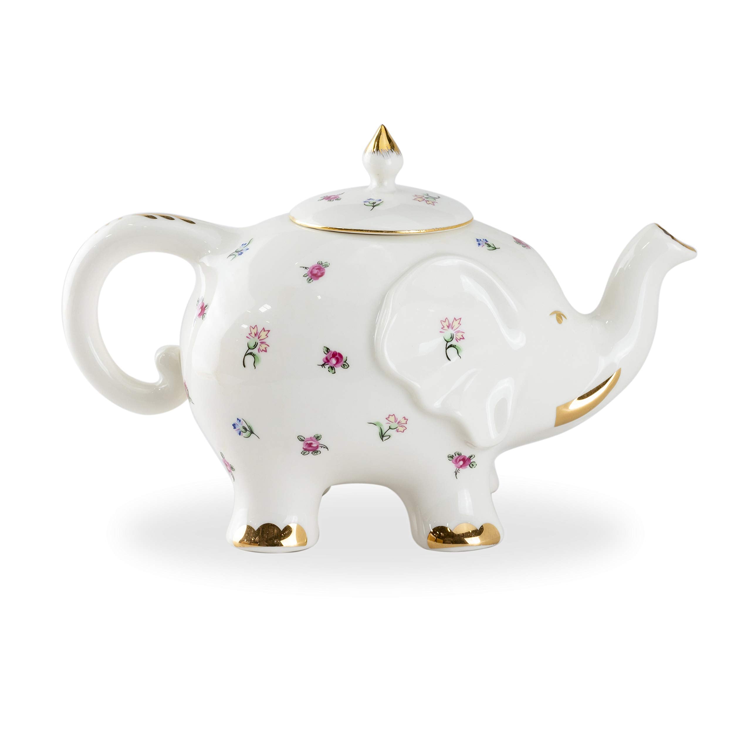 Grace Teaware Fine Porcelain Happy Elephant (3-Piece Tea Set, Petite Floral Spray) With Gold Trim