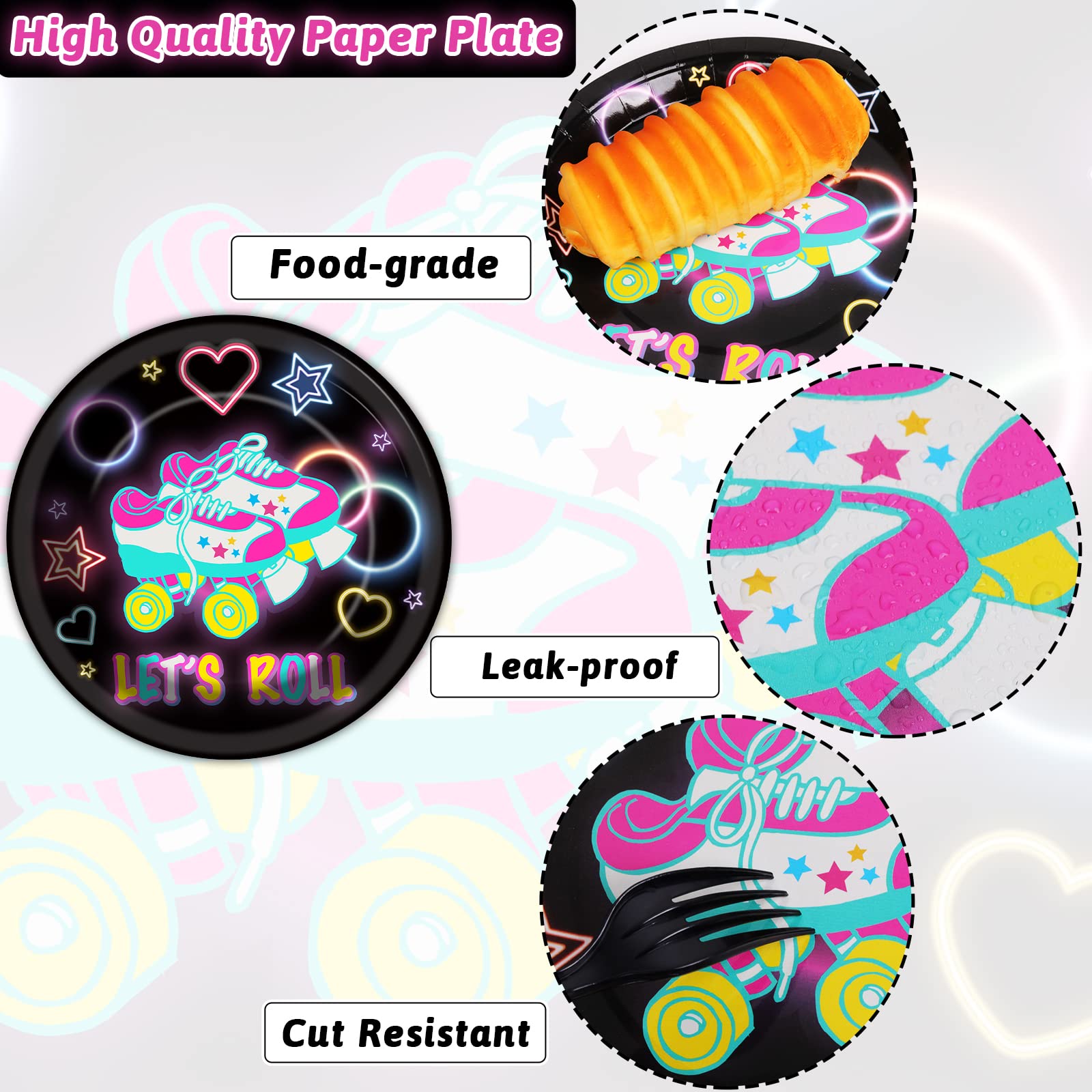 96Pcs Roller Skating Party Supplies Tableware Set Retro Roller Skate Party Paper Plates Napkins Set Favors For Boys Girls Teens