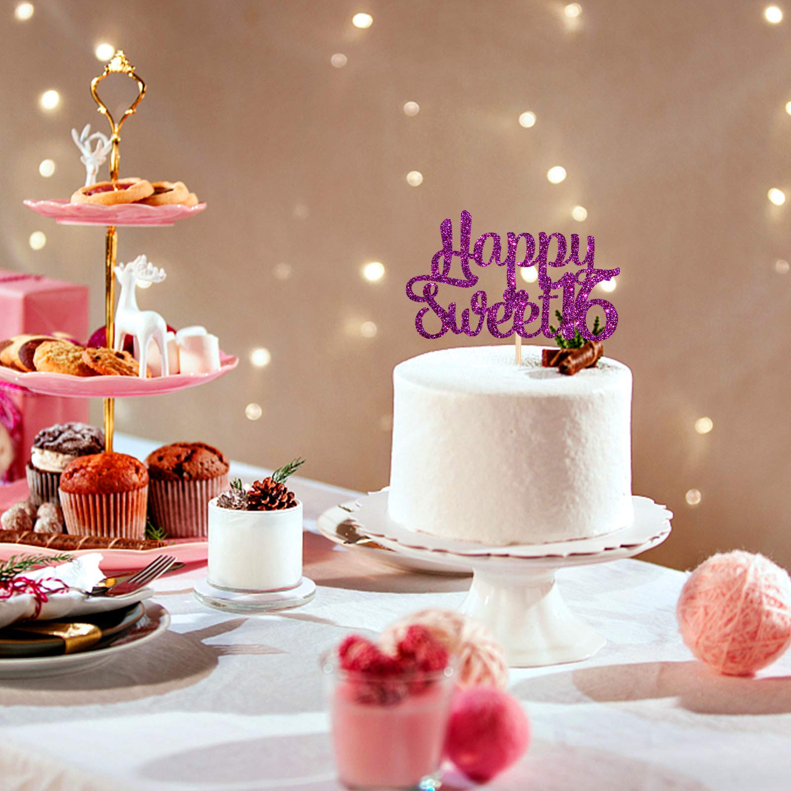 Innoru Glitter Happy Sweet 16 Cake Topper - 16Th Birthday Wedding Anniversary - Cheers To 16 Years Sweet Party Cake Decorations