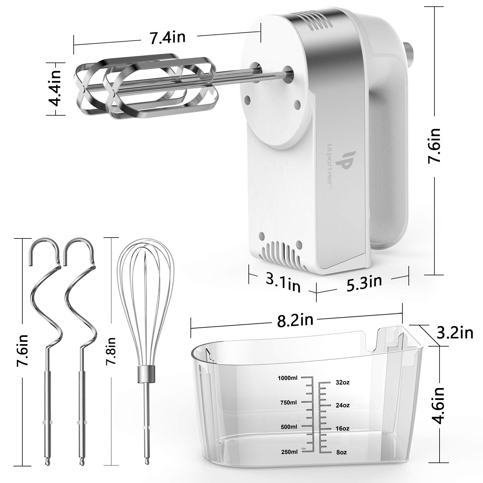 Hand Mixer Electric  450W Kitchen Mixers with Scale Cup Storage Case  Turbo Boost/Self-Control Speed + 5 Speed + Eject Button + 5 Stainless Steel Accessories  For Easy Whipping Dough Cream Cake