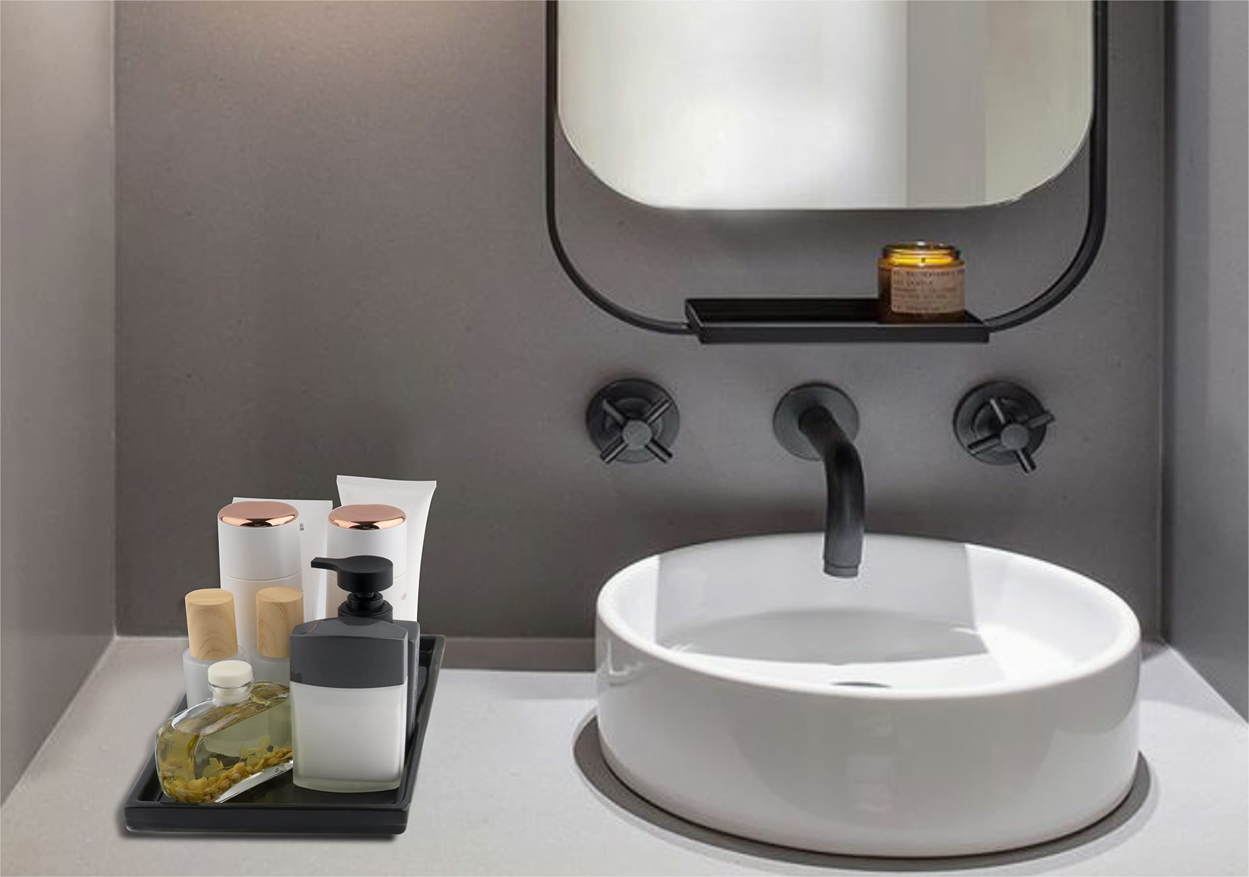 Bathroom Tray Goporcelain Marble Tray for Bathroom Counter Decor Ceramic Perfume Organizer Vanity Tray for Dresser Jewelry Dish Key Plate Rectangle Marble Sink Trays Countertop Organizer Black Large