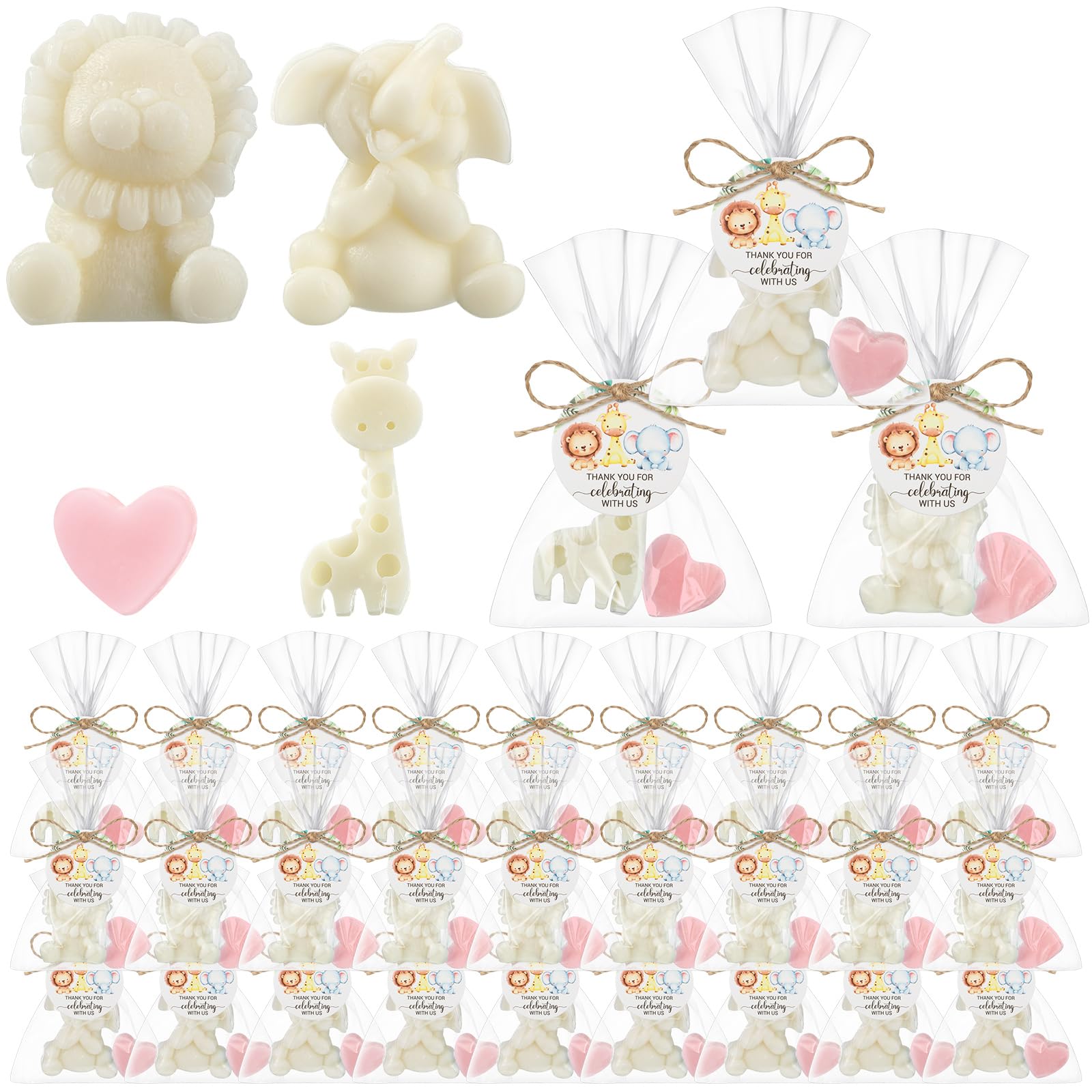Demissle 20 Sets Safari Animal Baby Shower Soaps Favors for Guests Jungle Greeting Card Bath Gift for Birthday Party (Pink)