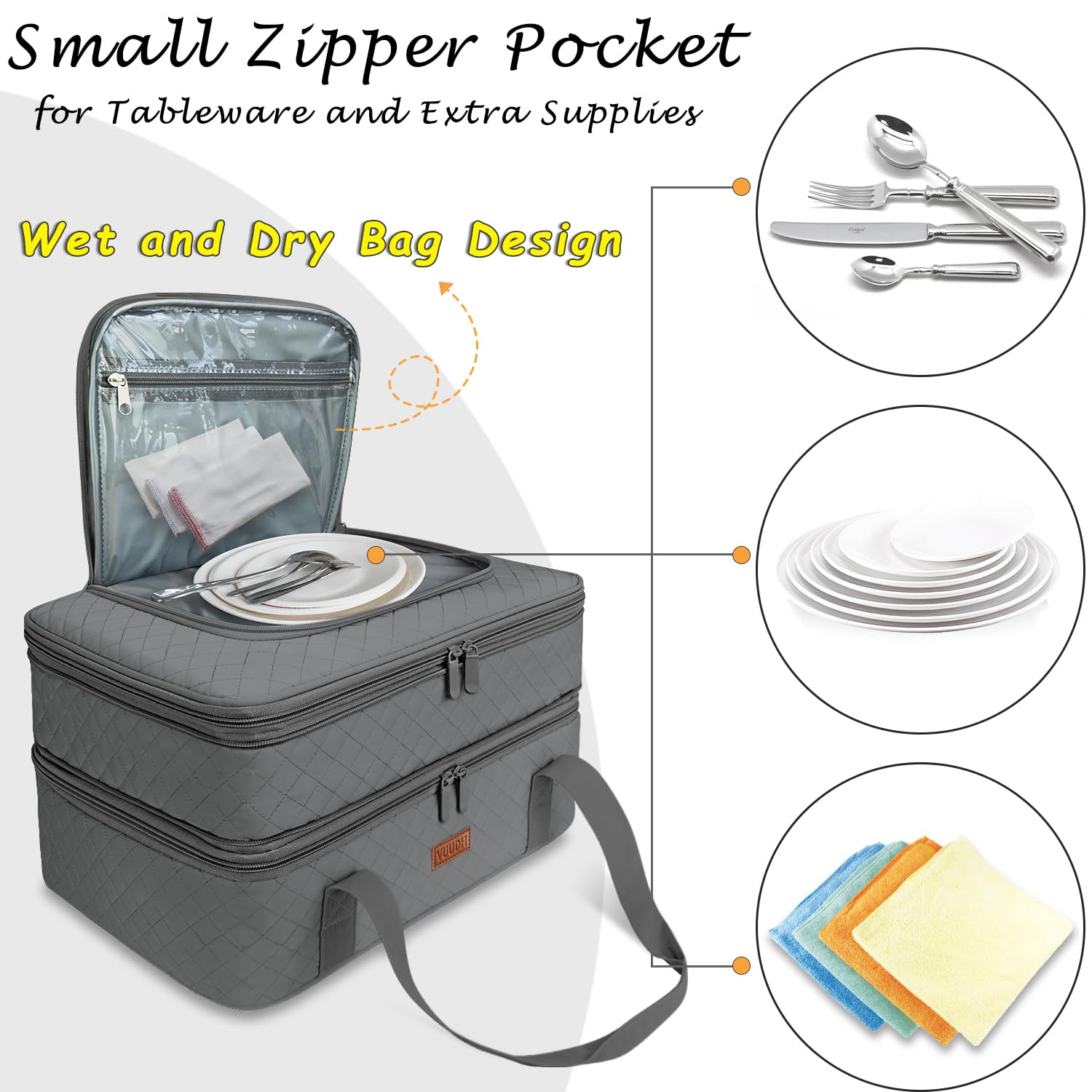 Vuudh Quilted Double Decker Casserole Carrier - Expandable Grey Dish Case for 9"×13" Baking Dish, Ideal for Potlucks and Picnics