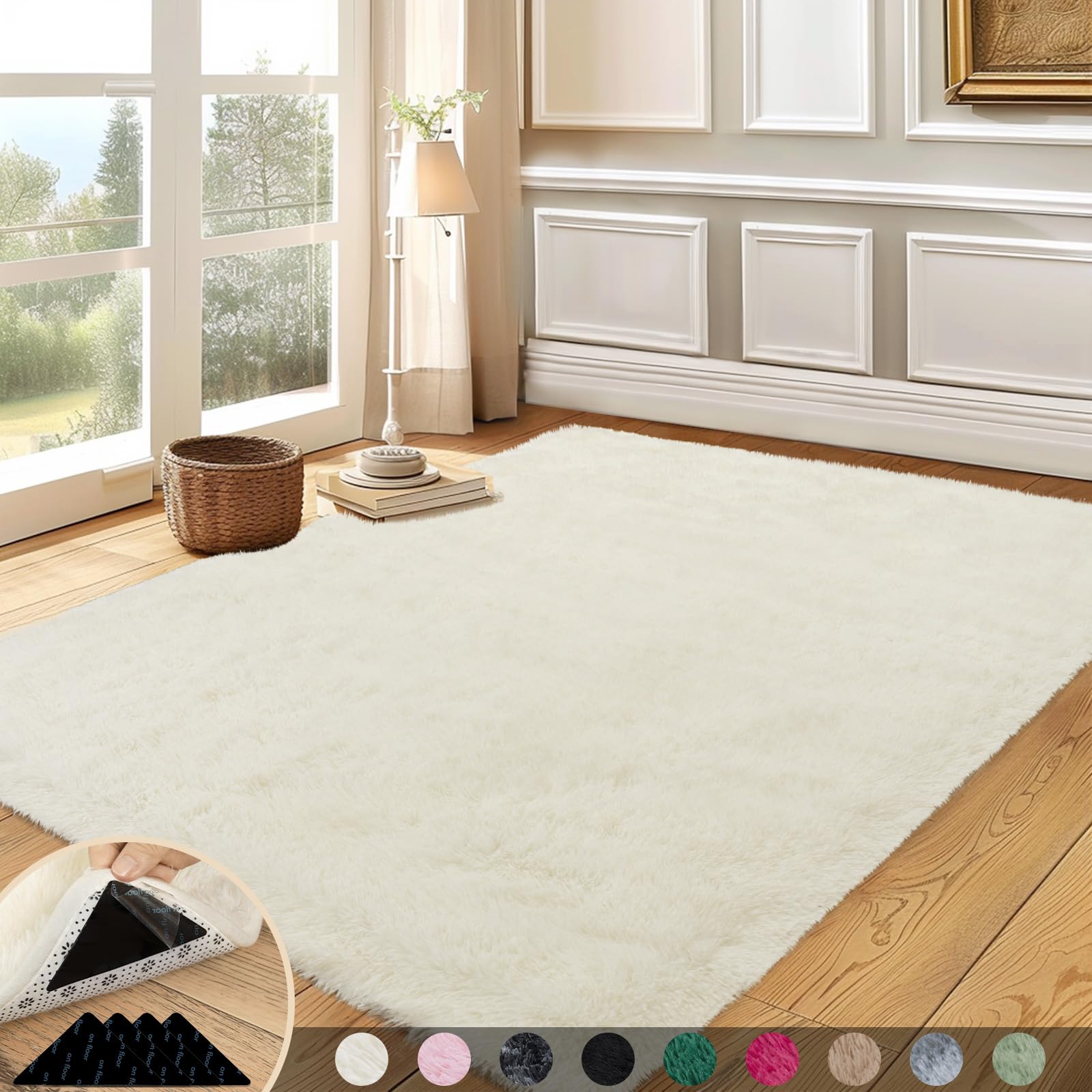 Mugorn 5x7 Rugs for Living Room, Large Fluffy Cream White Area Rugs for Bedroom, Soft Carpet Shag Kids Rug with 4 Non-Slip Rug P