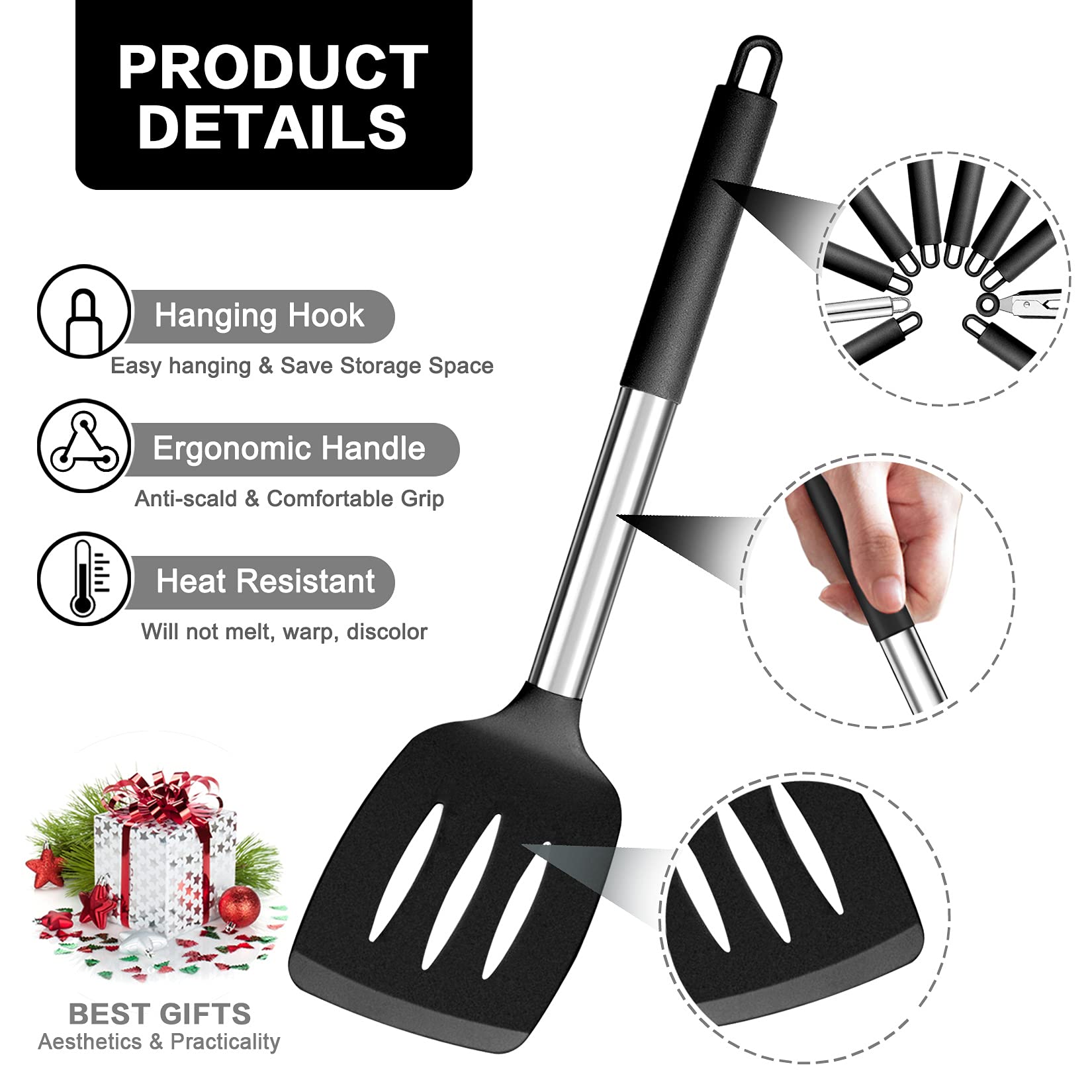 Black Kitchen Utensils Set Of 10, P&P Chef Heat-Resistant Silicone Cooking Utensil With Stainless Steel Handle, Include Turner,S