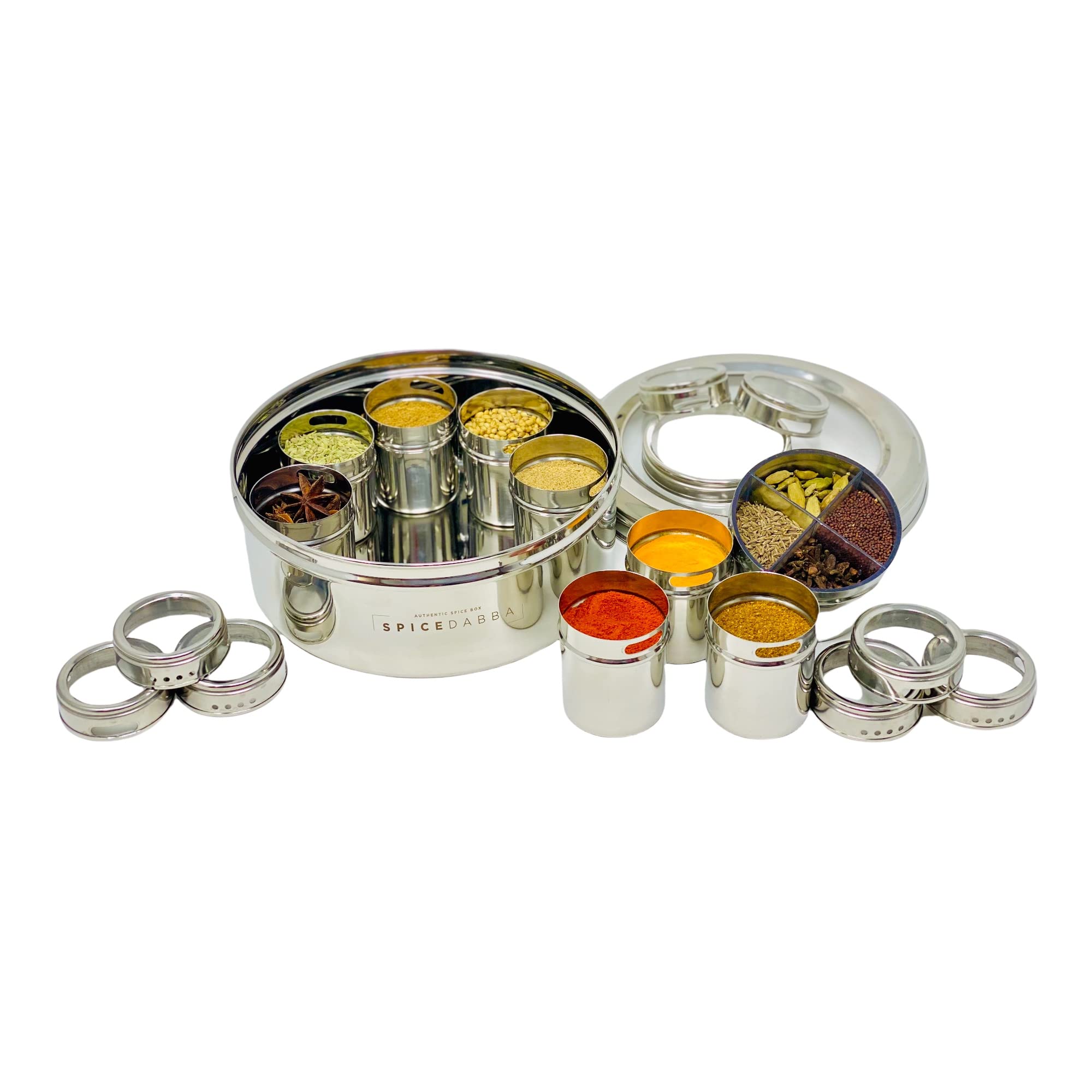 spice dabba Stainless Steel Indian Spice Box,Salt Pepper Unique Design for Spices,Steel Masala DabbaSpice Container with Lid  Ki