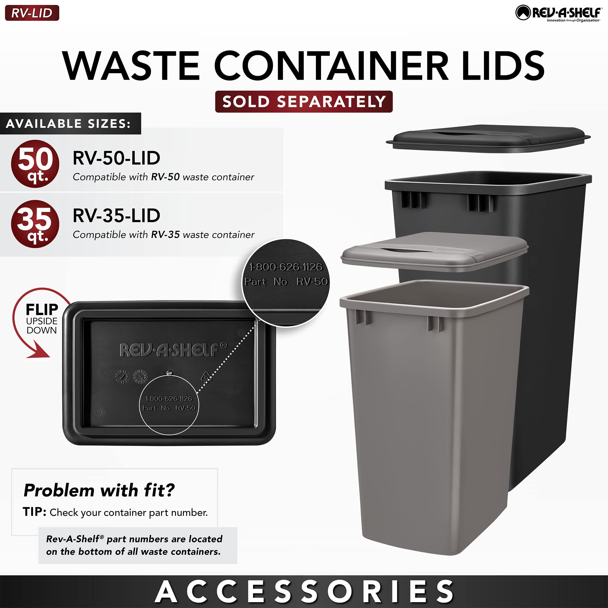 Rev-A-Shelf Pull-Out Trash Can For Full Height Kitchen Cabinets 50 Quart 12.5 Gallon With Soft-Close Slides And Storage, Orion G
