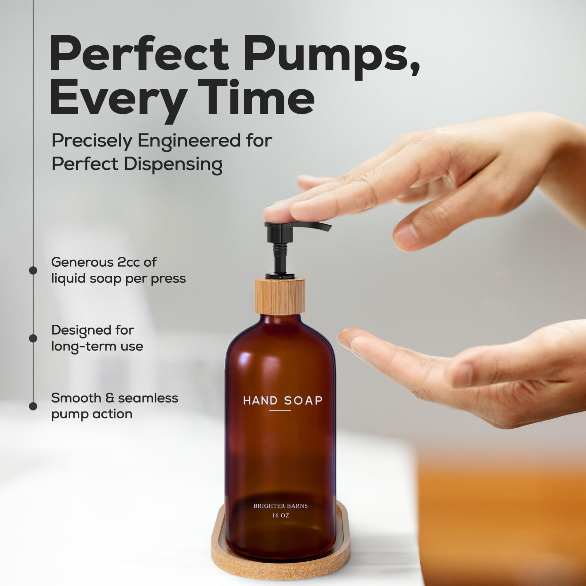 Amber Glass Hand Soap Dispenser Bathroom Set By Brighter Barns - Hand Soap Dispenser For Kitchen Sink & Bathroom - Bamboo Soap D