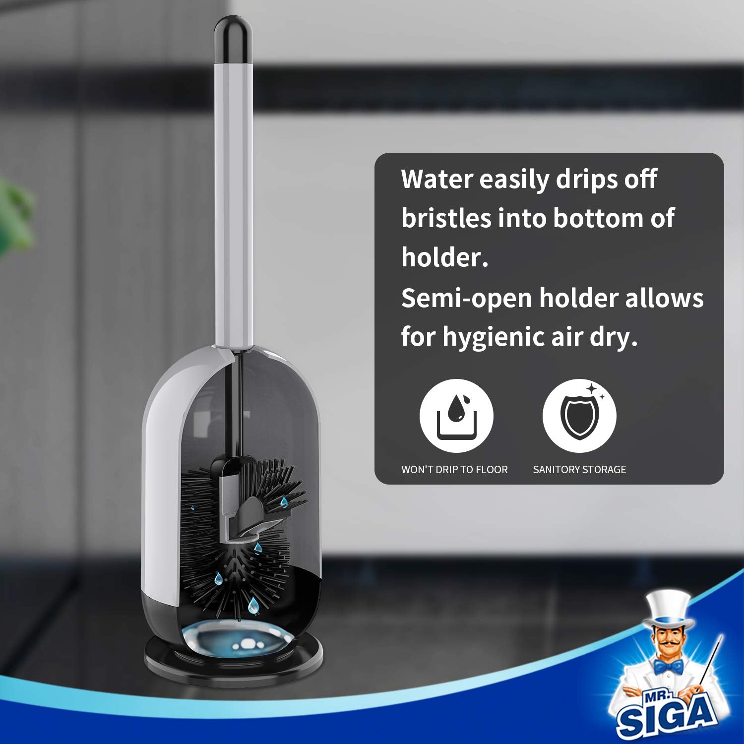 Mr.Siga Soft Bristle Toilet Brush With Holder, Gray & Black, 1Pack
