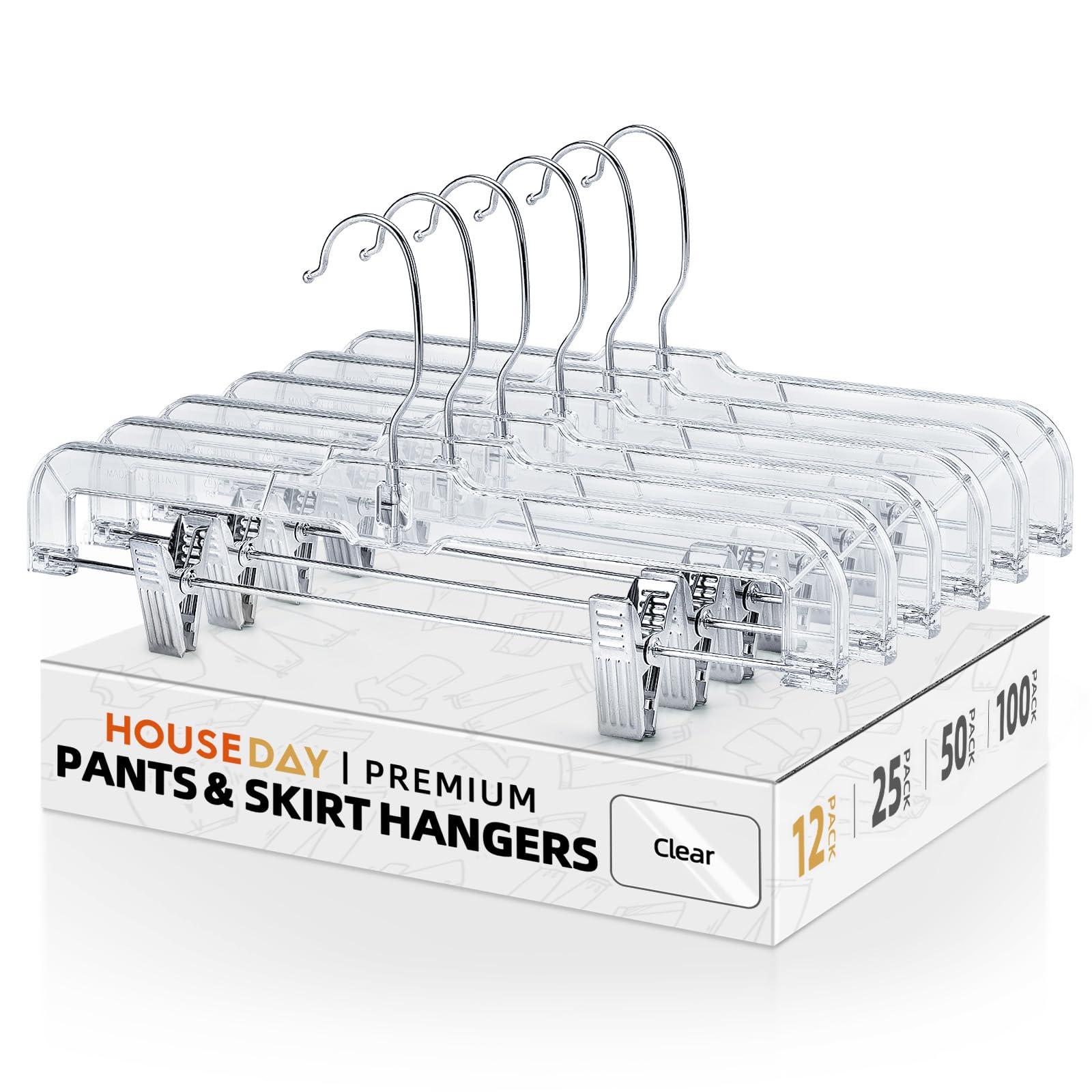 HOUSE DAY 12 Pack 14 inch Clear Plastic Skirt Hangers with Adjustable Clips  Pants Hangers 360-Rotating Swivel Hook  Clip Hangers for Pants  Trousers  Skirts  Jeans  Bulk Plastic Hangers