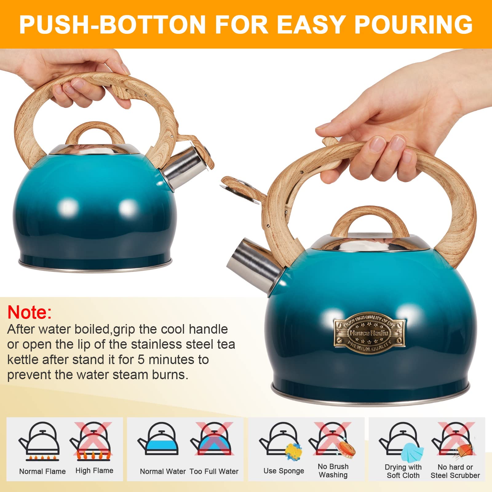 Hauce Radio Tea Kettle, Whistling Stovetop Teapot Food Grade Stainless Steel Tea Kettles For Stove Top With Anti-Hot Ergonomic H