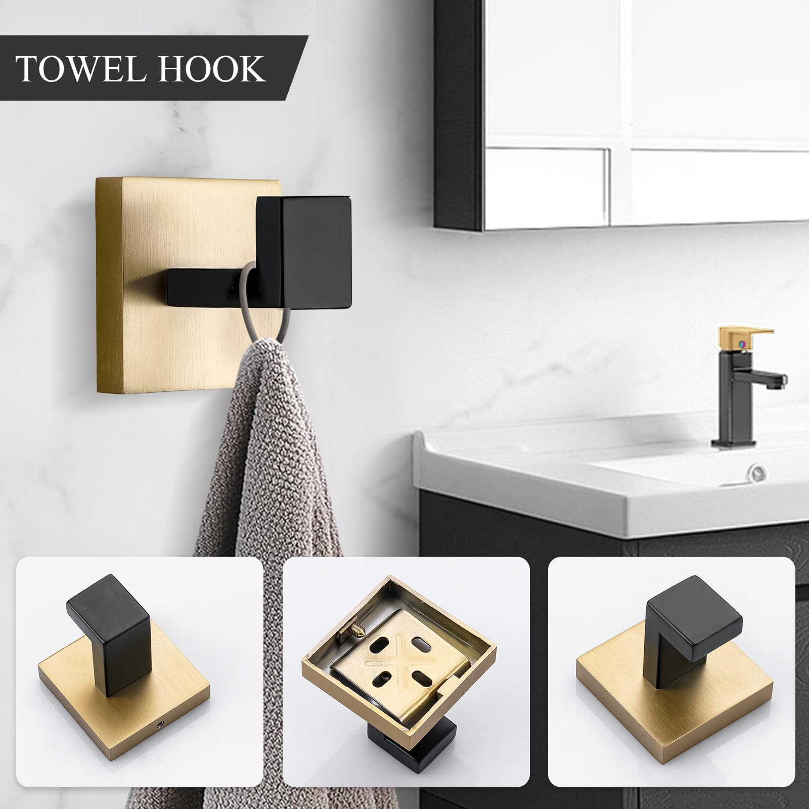 Turs 3-Piece Bathroom Hardware Set Black And Gold Hand Towel Holder Toilet Paper Holder Towel Hook Stainless Steel Towel Bar Set