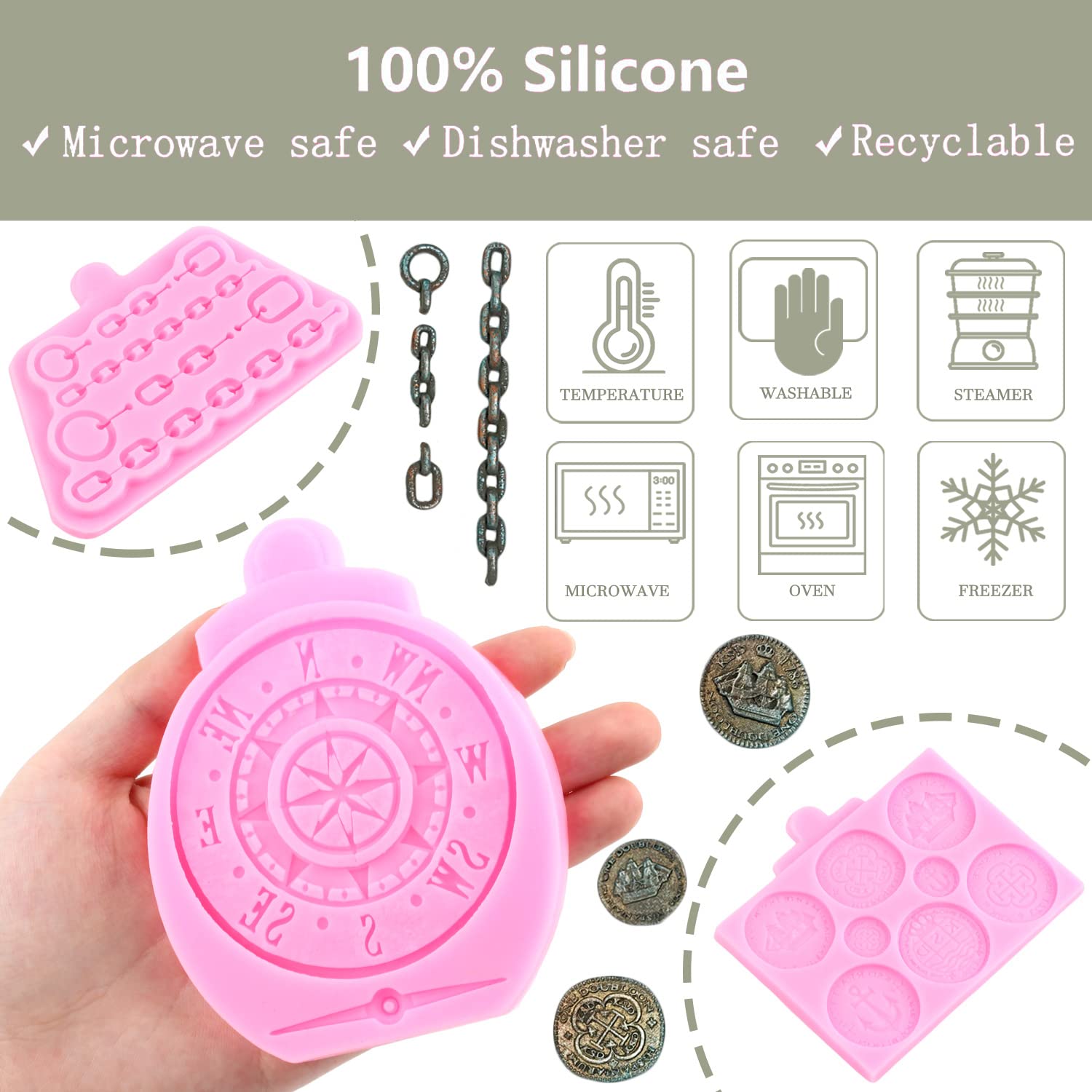 Zixiang Treasure Coins Silicone Mold Pirate Rope Fondant Mold Antique Compass Silicone Mold Chains Fondant Molds For Cake Decora