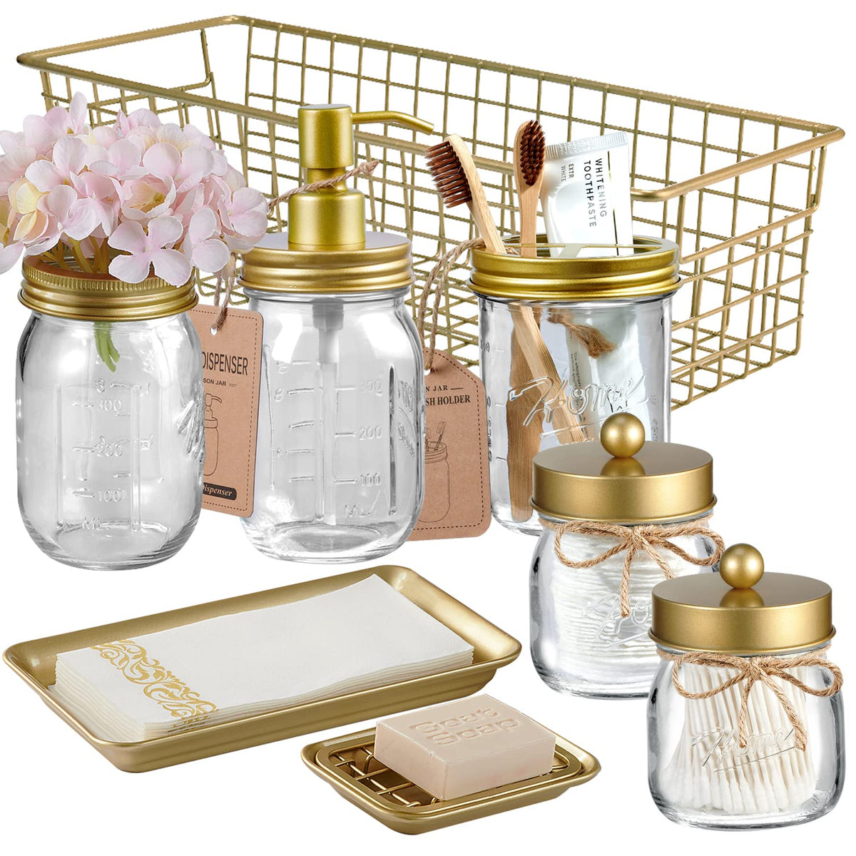 Mason Jar Bathroom Accessories Set 8 Pcs - Lotion Soap Dispenser,Toothbrush Holder,2 Apothecary Jars, Flower Vase,Soap Dish,Vani